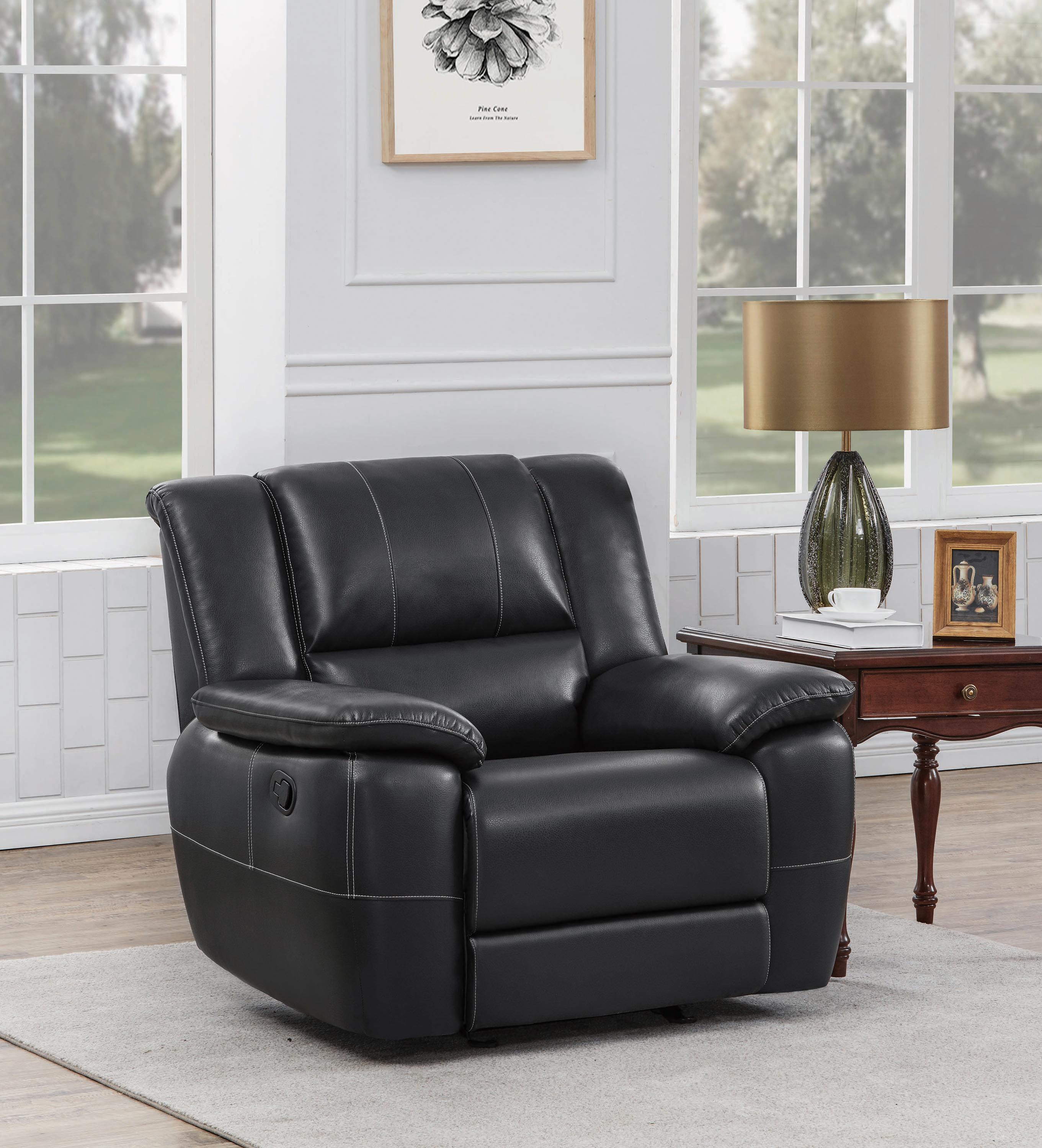 

    
601063 Contemporary Black Faux Leather Glider Recliner Coaster 601063 Lee

