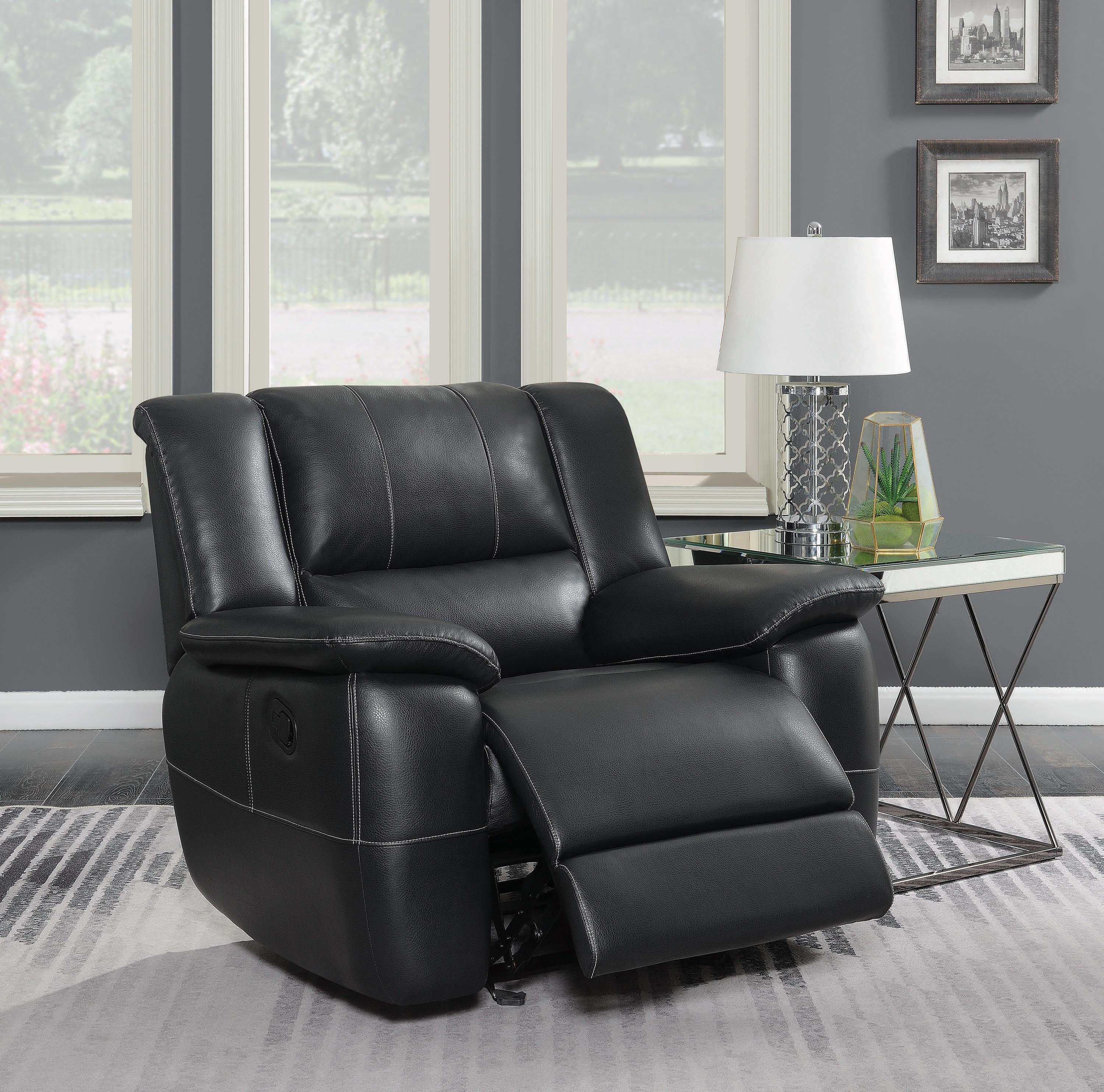 

                    
Buy Contemporary Black Faux Leather Glider Recliner Coaster 601063 Lee
