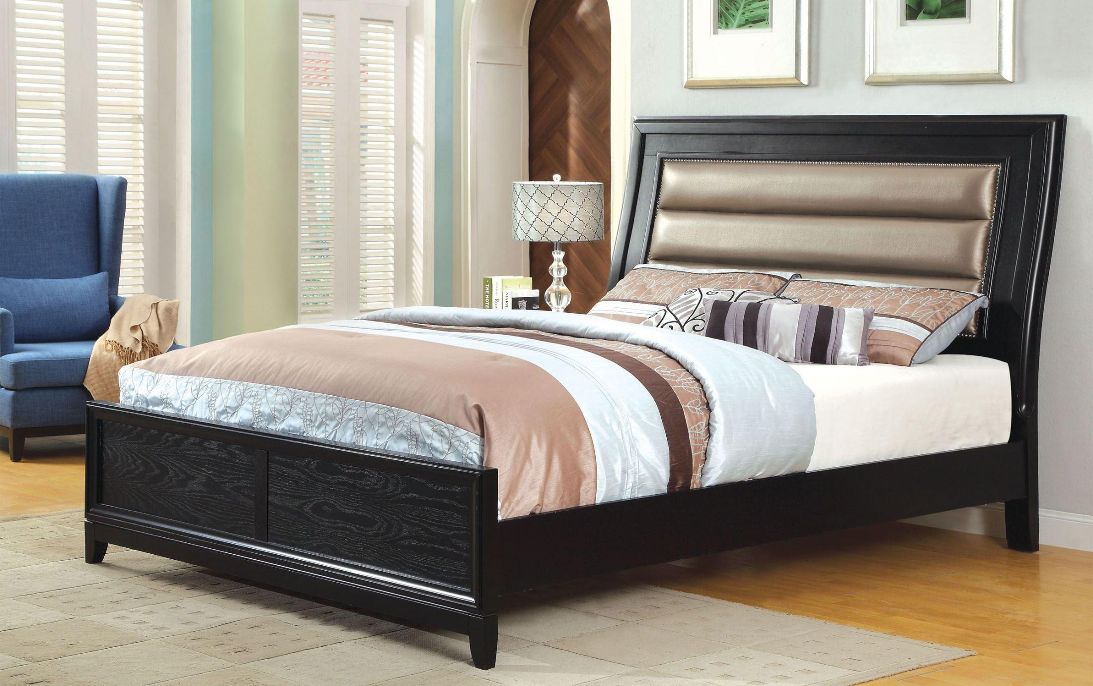

    
Black Leatherette King Bed GOLVA CM7295EK Furniture of America Modern

