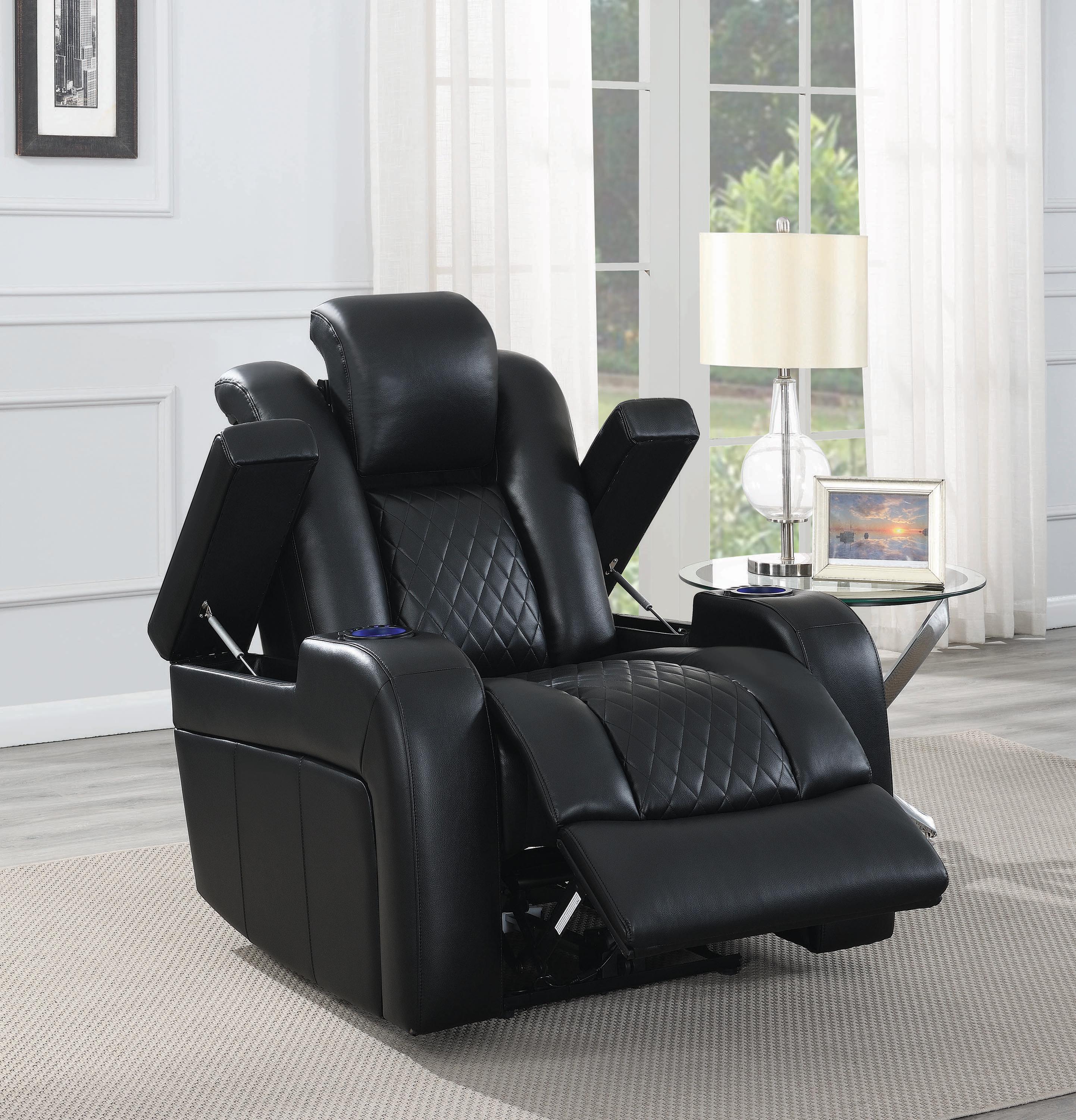 

    
 Order  Contemporary Black Faux Leather Power Recliner Coaster 602303P Delangelo
