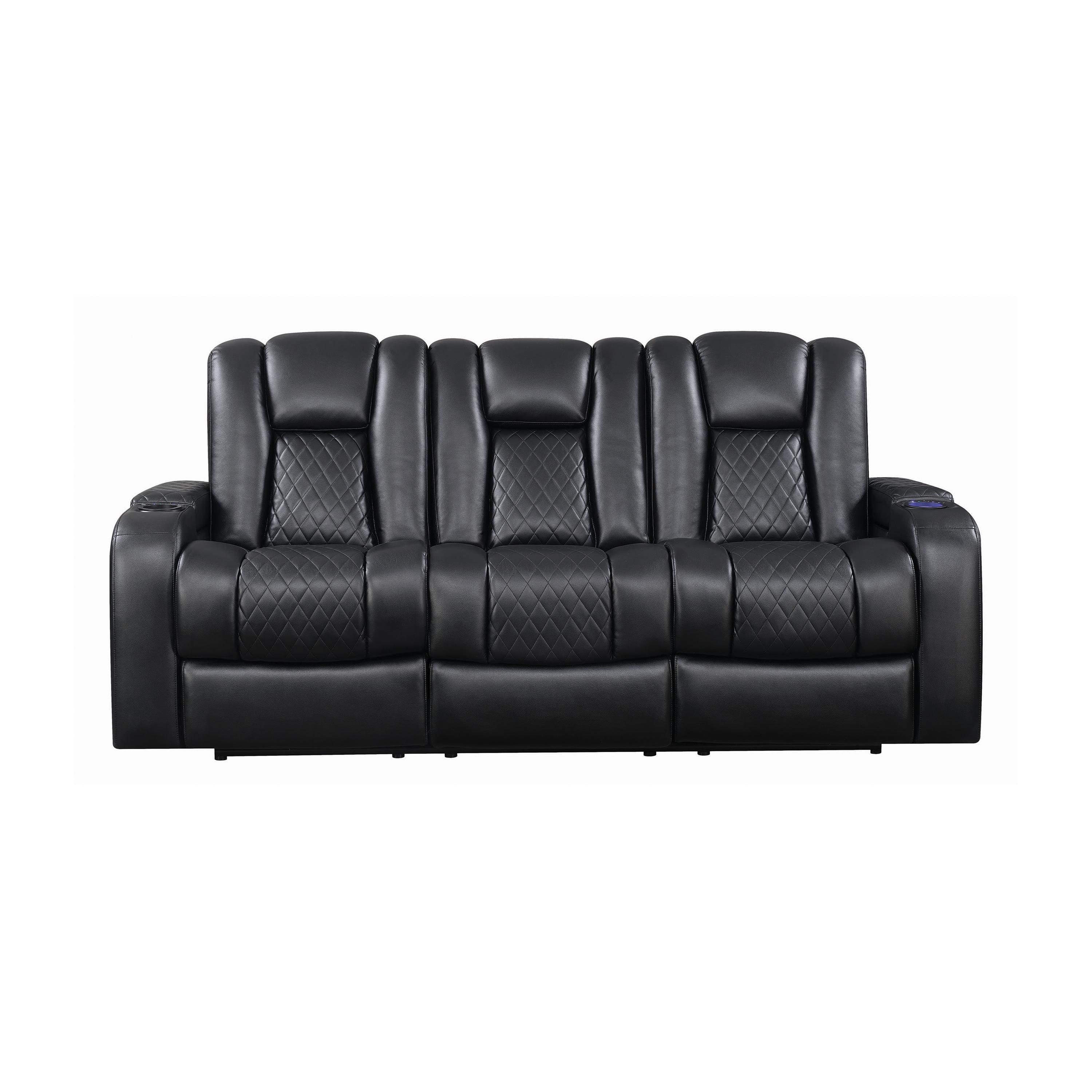 

    
Contemporary Black Faux Leather Power Reclining Sofa Coaster 602301P Delangelo
