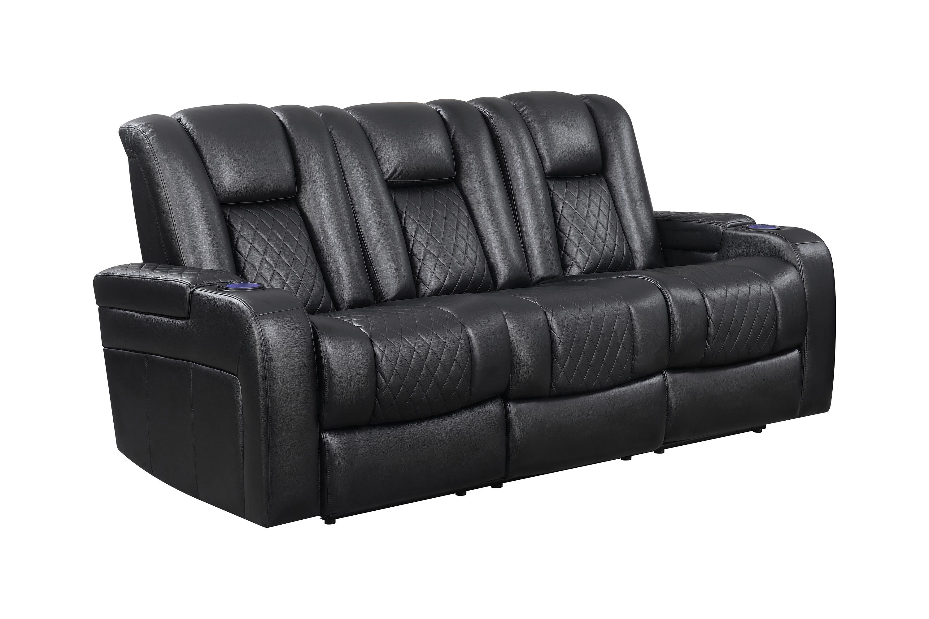 

    
Contemporary Black Faux Leather Power Reclining Sofa Coaster 602301P Delangelo
