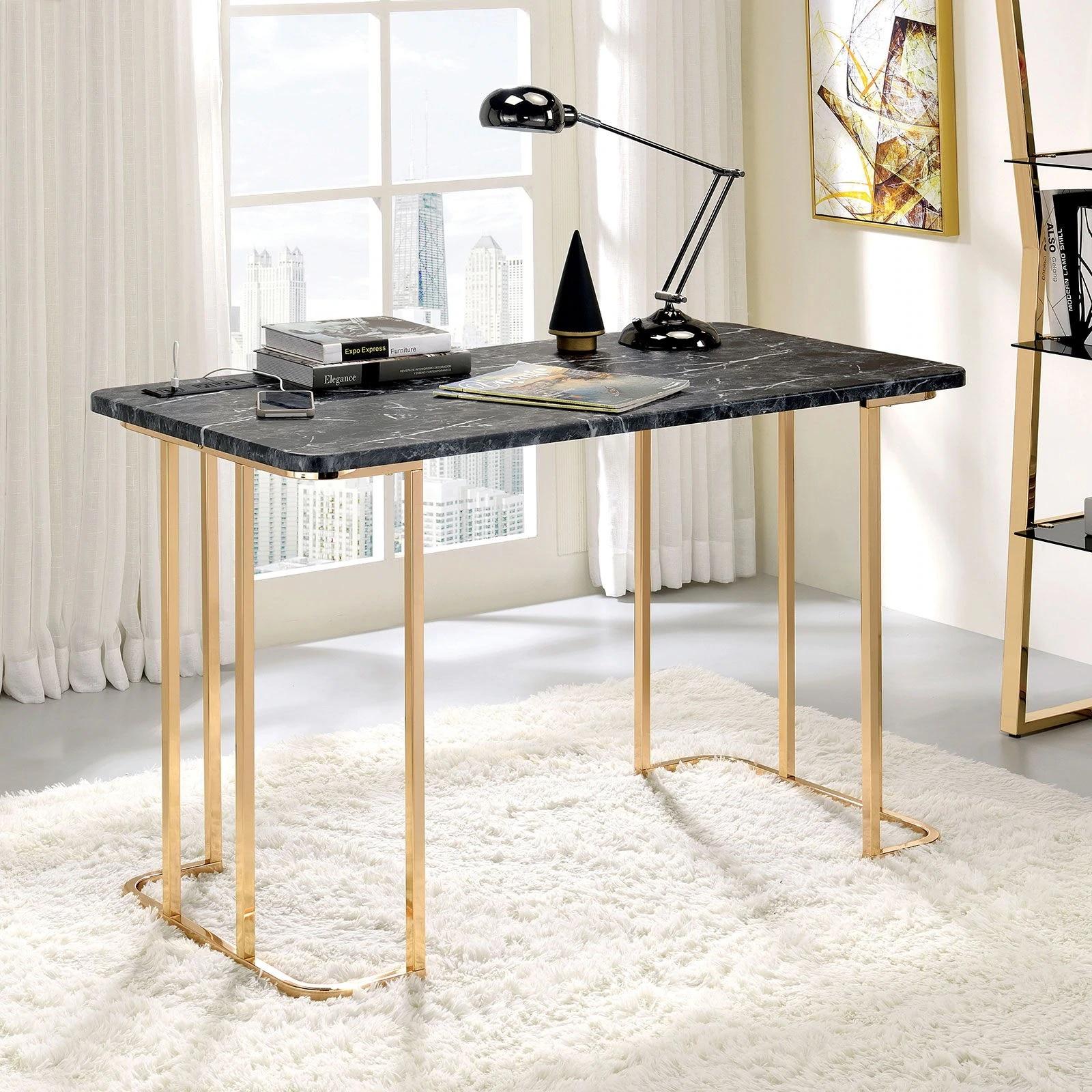 

    
Contemporary Black & Gold Faux Marble Home Office Desk Furniture of America CM-DK919BK Delphine
