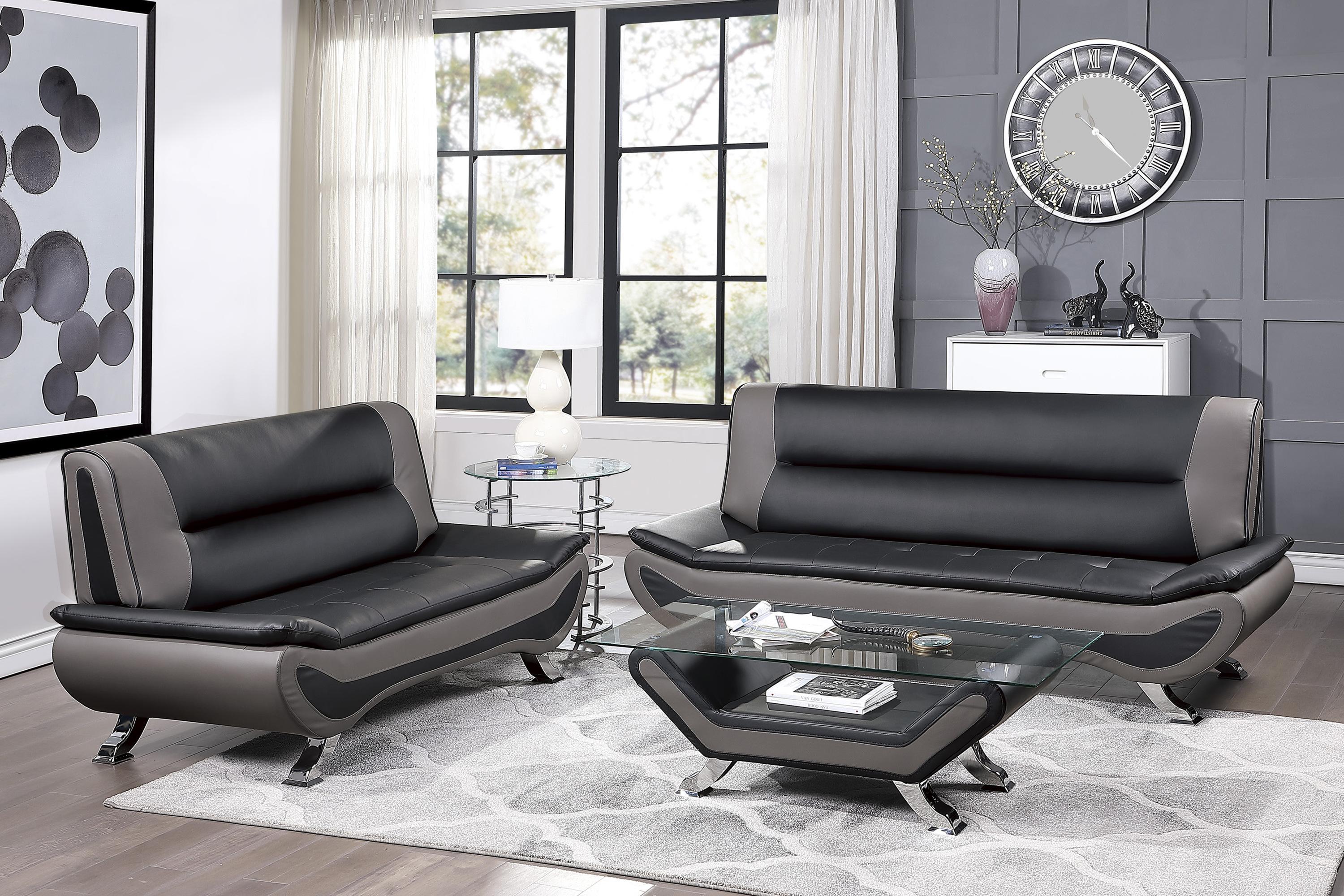 Contemporary Living Room Set 8219BLK-2PC Veloce 8219BLK-2PC in Gray, Black Faux Leather