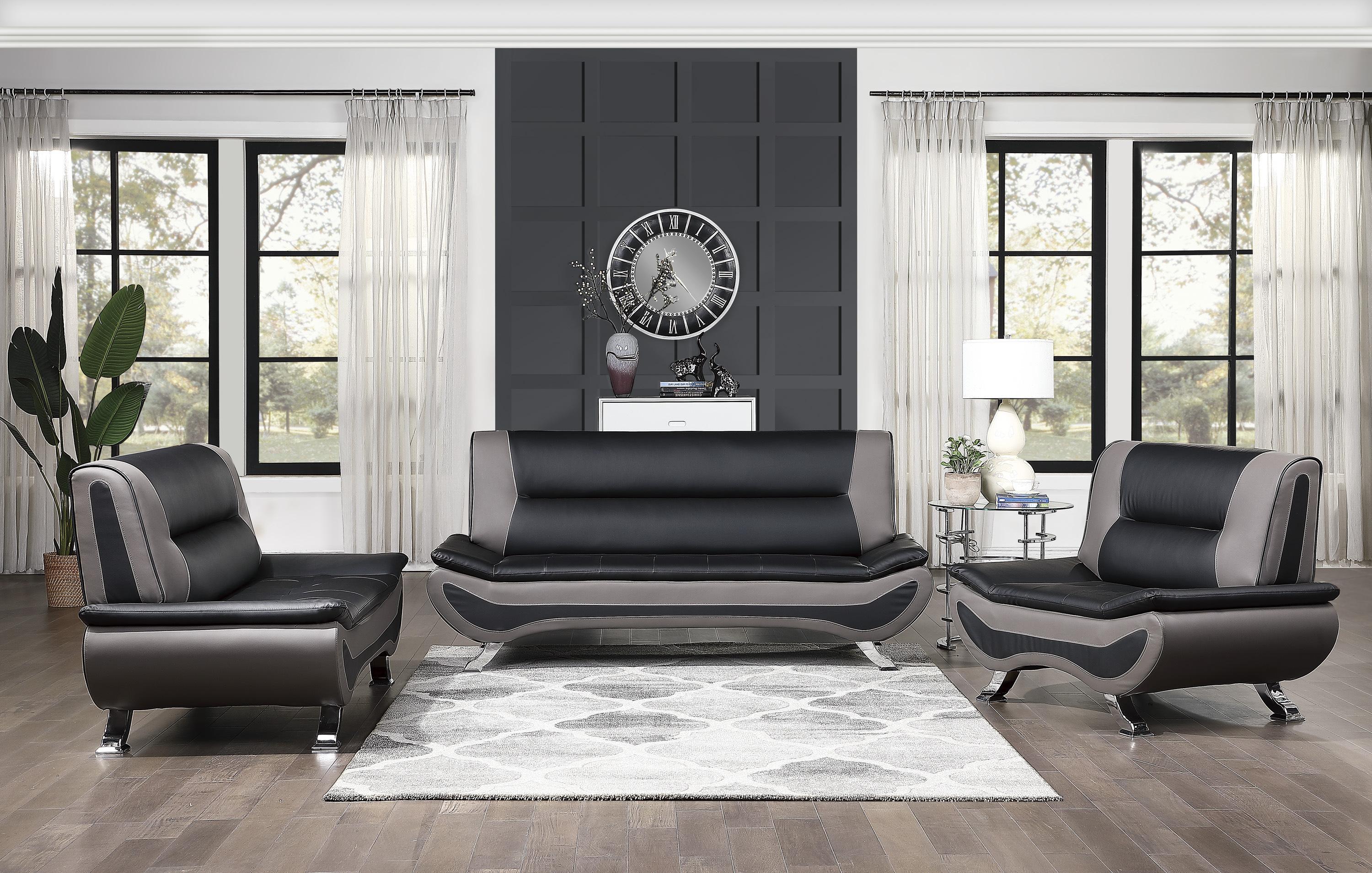 Contemporary Living Room Set 8219BLK-3PC Veloce 8219BLK-3PC in Gray, Black Faux Leather
