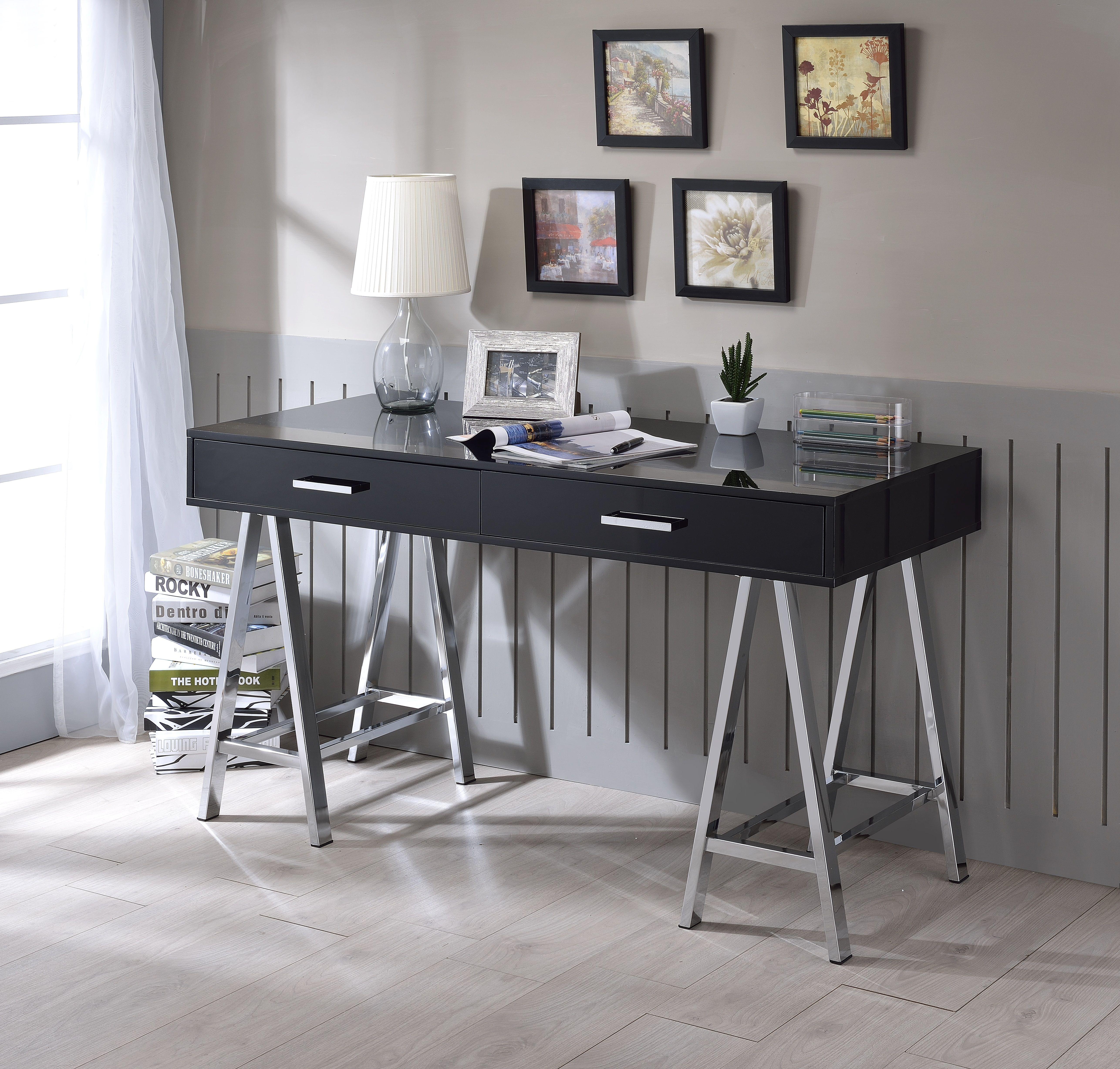 

    
Contemporary Black High Gloss & Chrome Writing WITHOUT USB Desk by Acme 92227 Coleen
