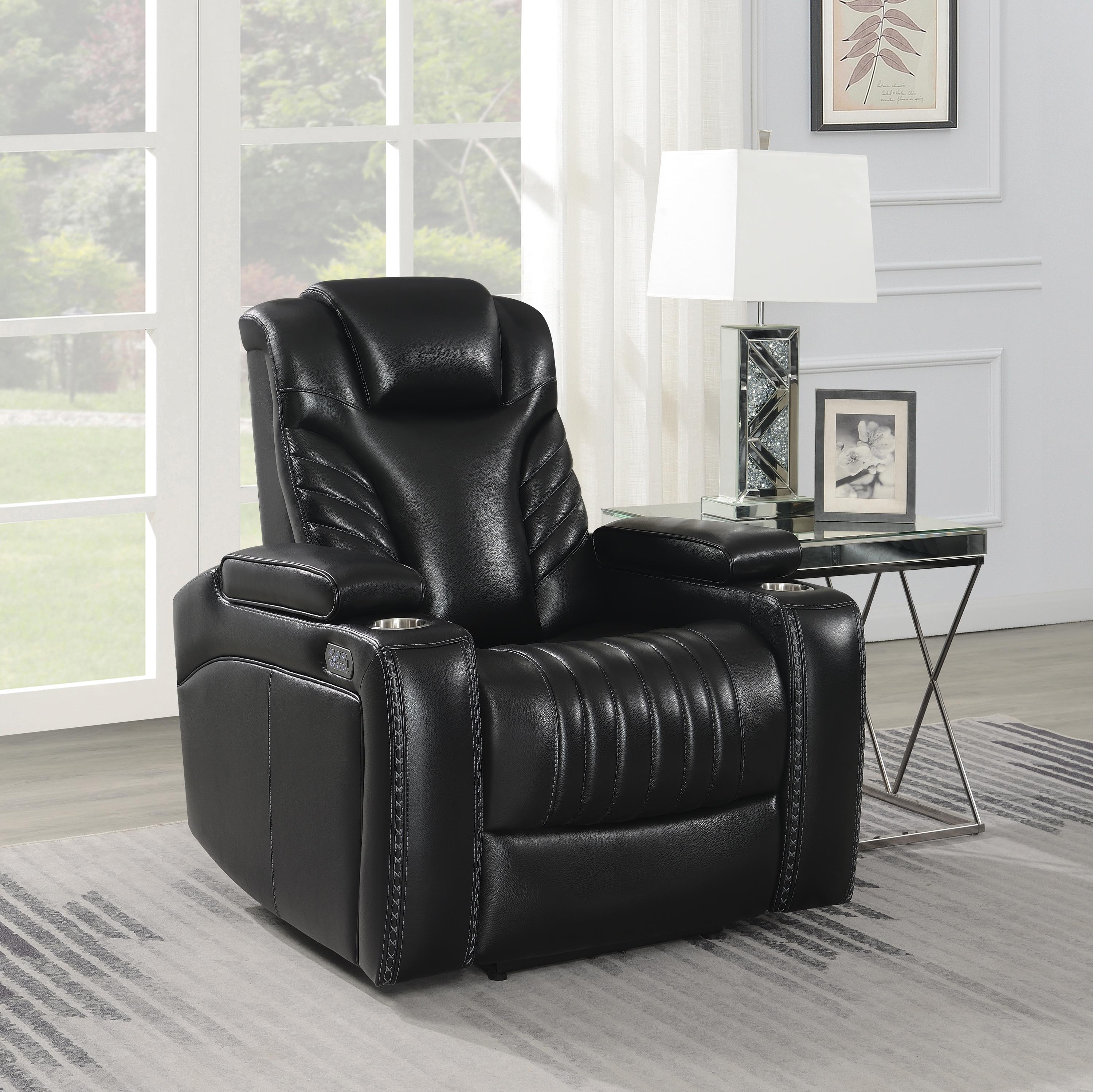 

    
 Photo  Contemporary Black Leather Power Recliner Coaster 609463PPI Bismark
