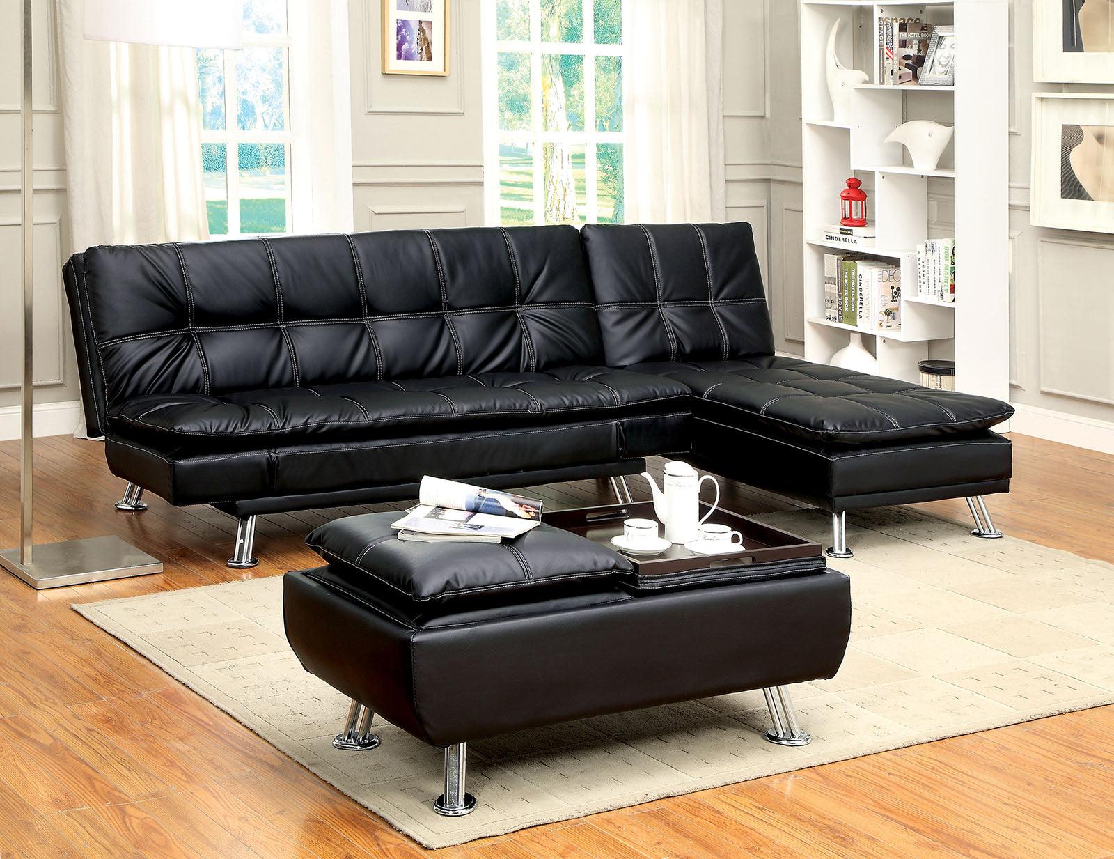 Contemporary Futon Sofa and Chaise CM2677BK-2PC Hauser CM2677BK-2PC in Black Leatherette