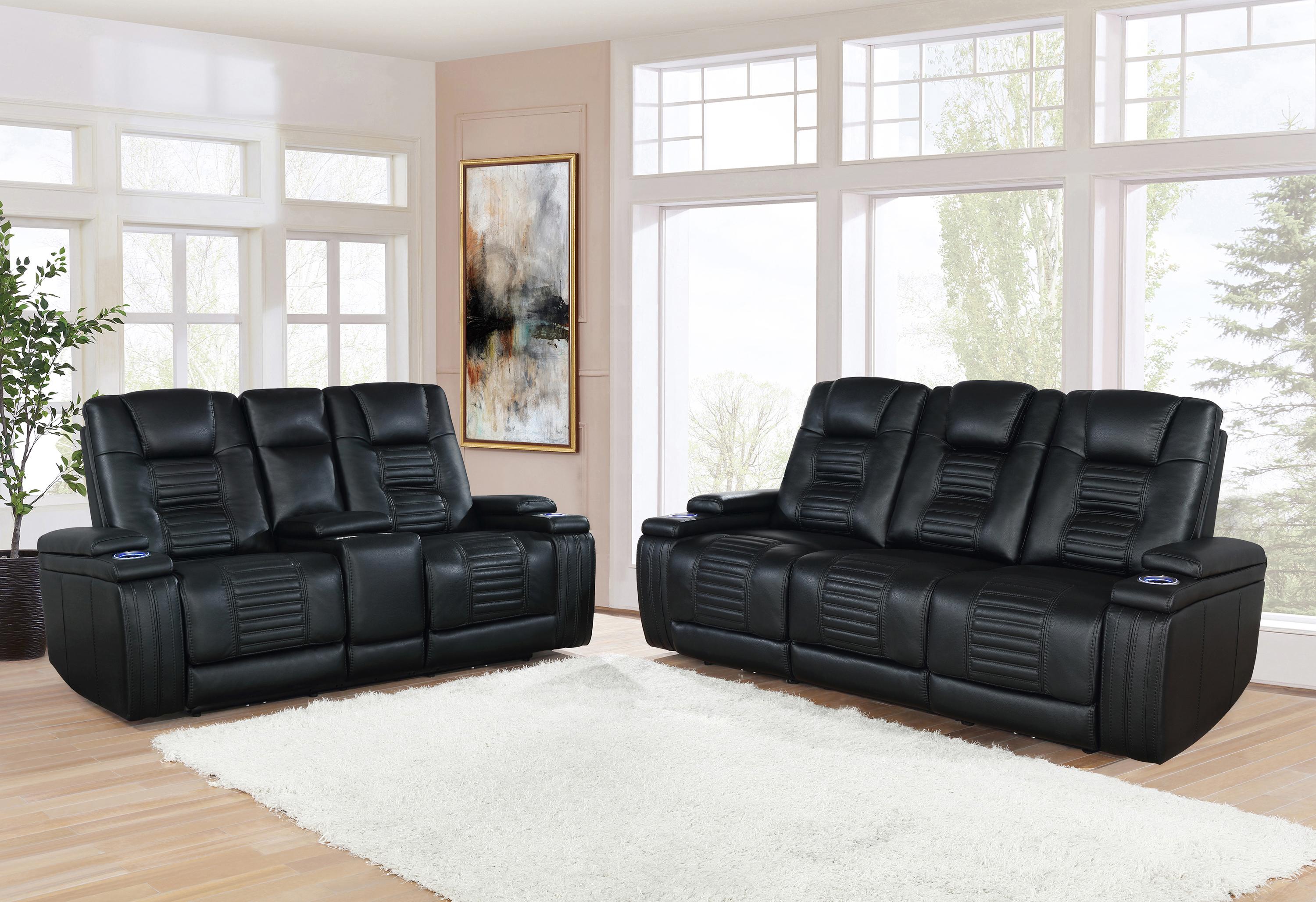 

    
Contemporary Black Leatherette Power Living Room Set 2pcs Coaster 651301PP-S2 Zane
