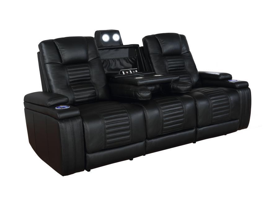 

    
Contemporary Black Leatherette Power Reclining Sofa Coaster 651301PP Zane
