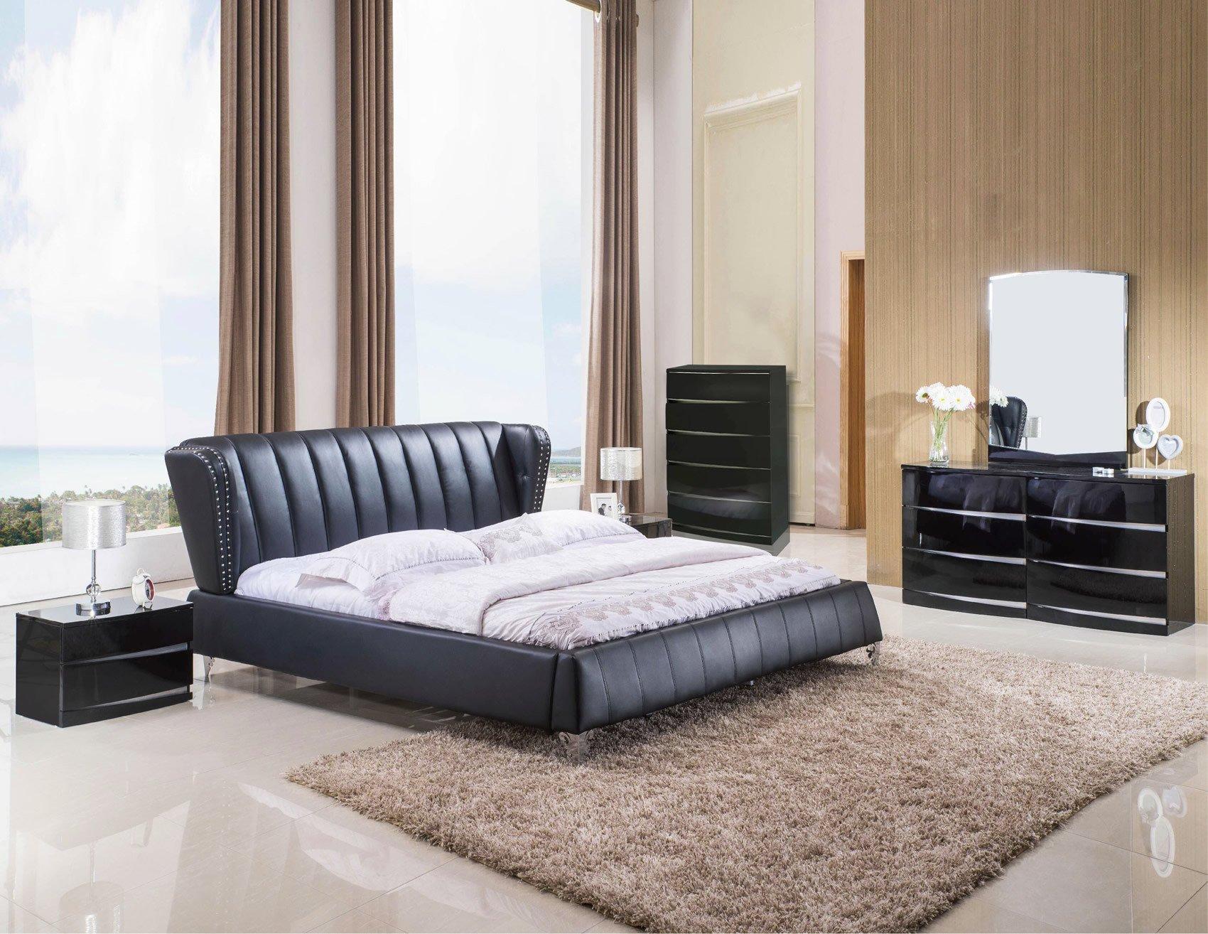 Modern Platform Bedroom Set Dallas & Wynn DALLAS BED + WYNN - BLACK-EK-5-PC in Wenge, Black Polyurethane