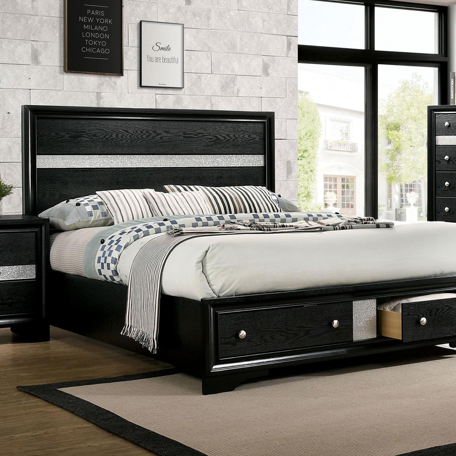 

    
Contemporary Black Solid Wood Queen Bedroom Set 3pcs Furniture of America CM7552BK Chrissy
