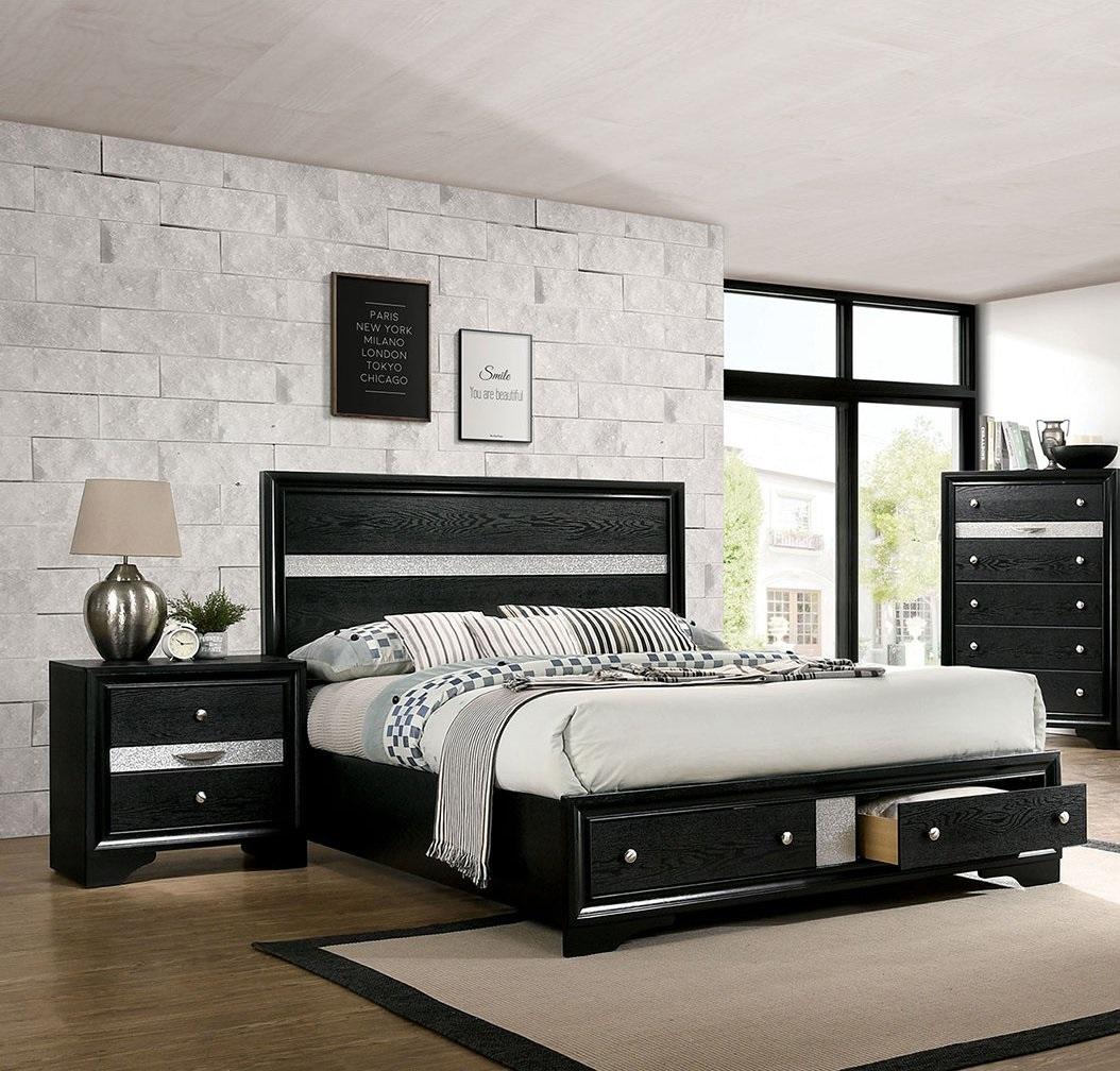 

    
Contemporary Black Solid Wood Queen Bedroom Set 3pcs Furniture of America CM7552BK Chrissy
