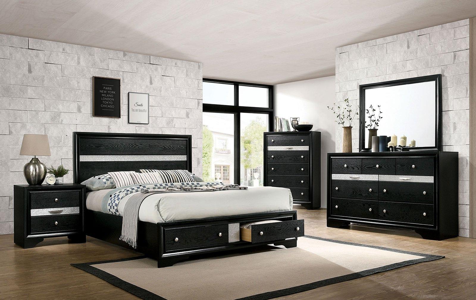 

    
Contemporary Black Solid Wood Queen Bedroom Set 5pcs Furniture of America CM7552BK Chrissy
