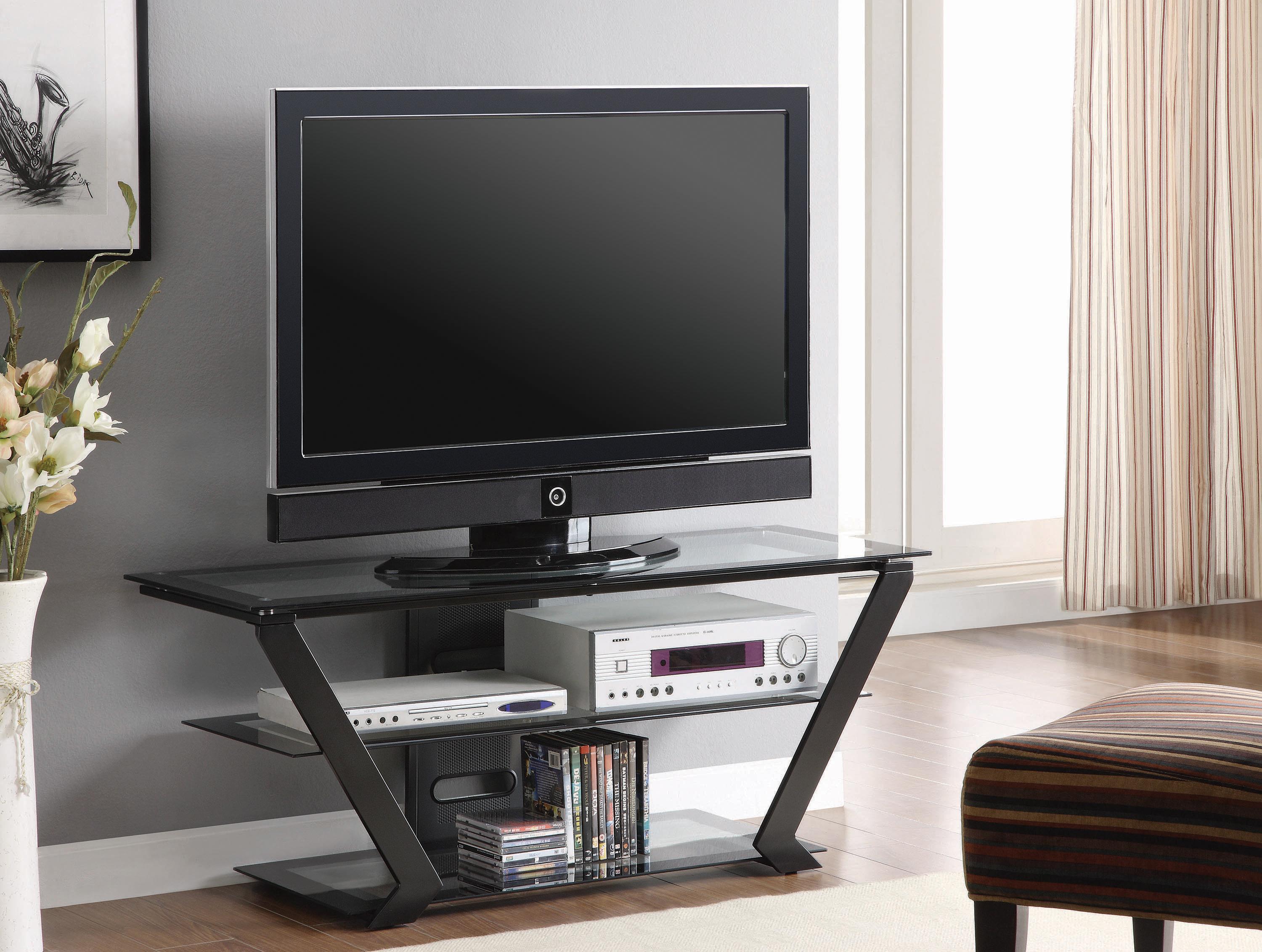 

    
Contemporary Black Steel & Tempered Glass TV Console Coaster 701370
