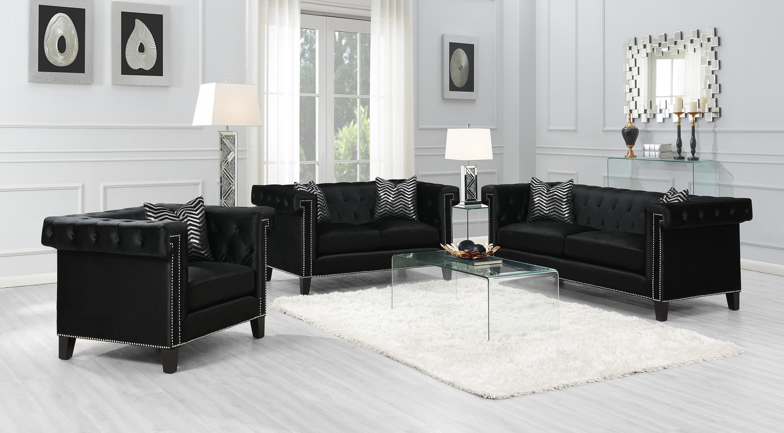 

    
Contemporary Black Velvet Living Room Set 2pcs Coaster 505817-S2 Reventlow
