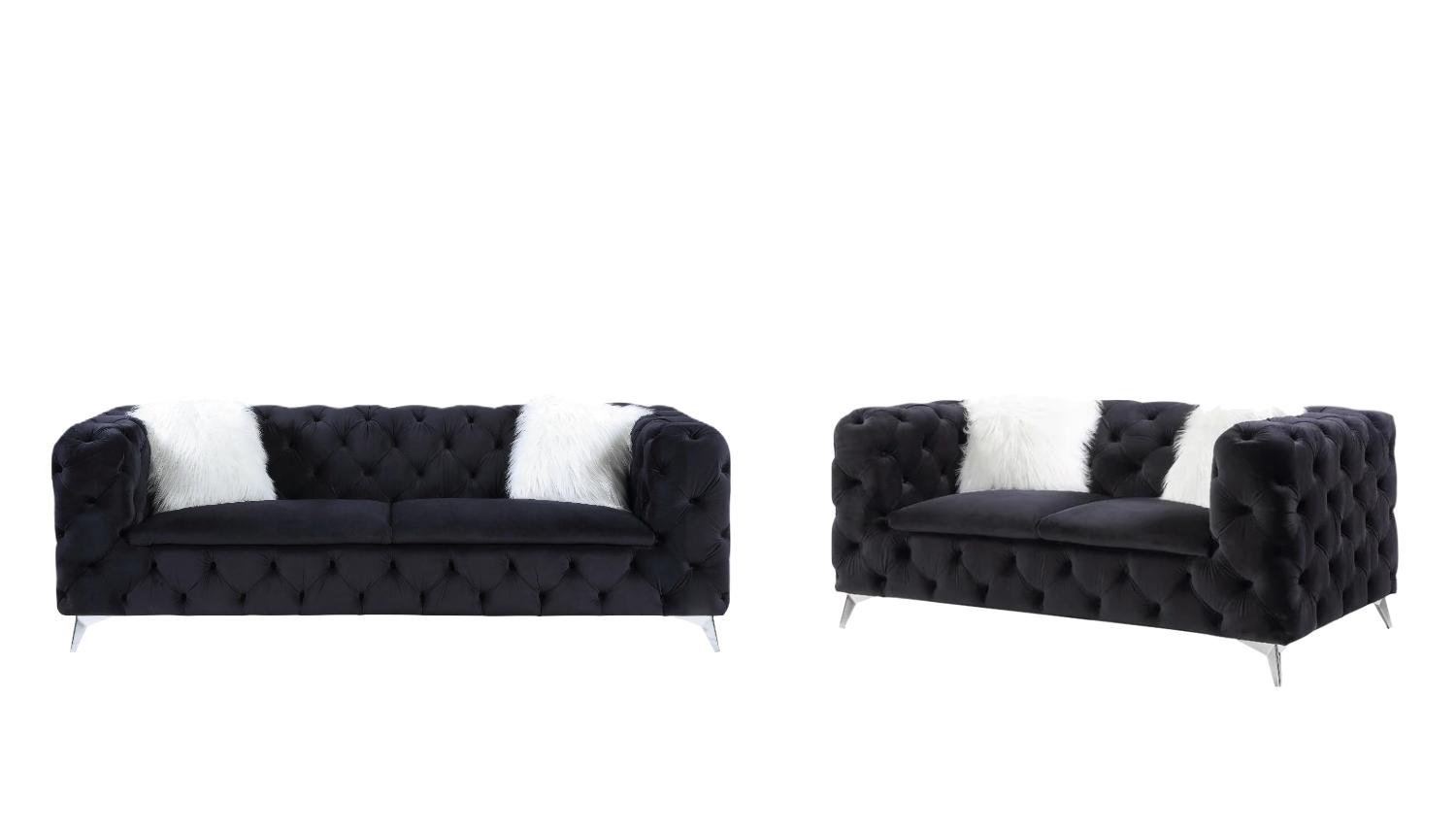 Contemporary Sofa and Loveseat Set Phifina 55920-2pcs in Black Velvet