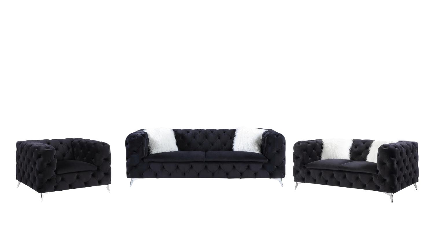 Contemporary Sofa Loveseat and Chair Set Phifina 55920-3pcs in Black Velvet