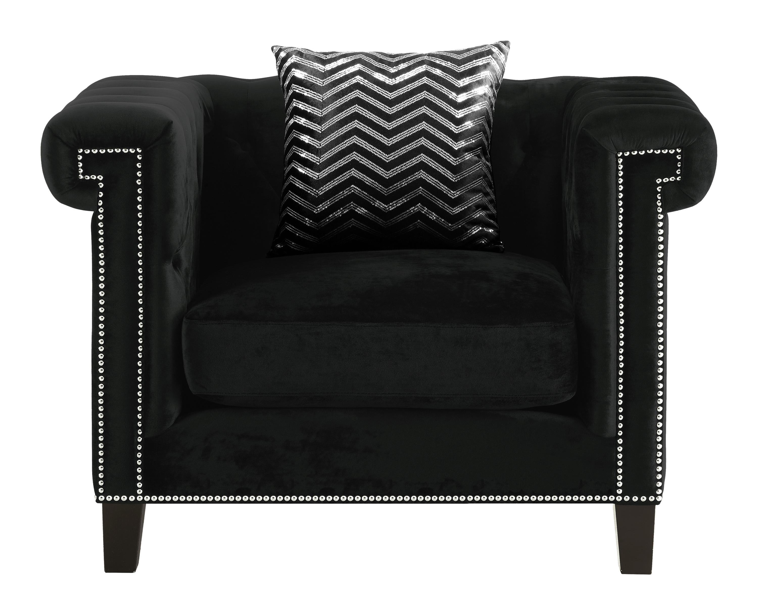 

    
Contemporary Black Velvet Tufted Arm Chair Coaster 505819 Reventlow
