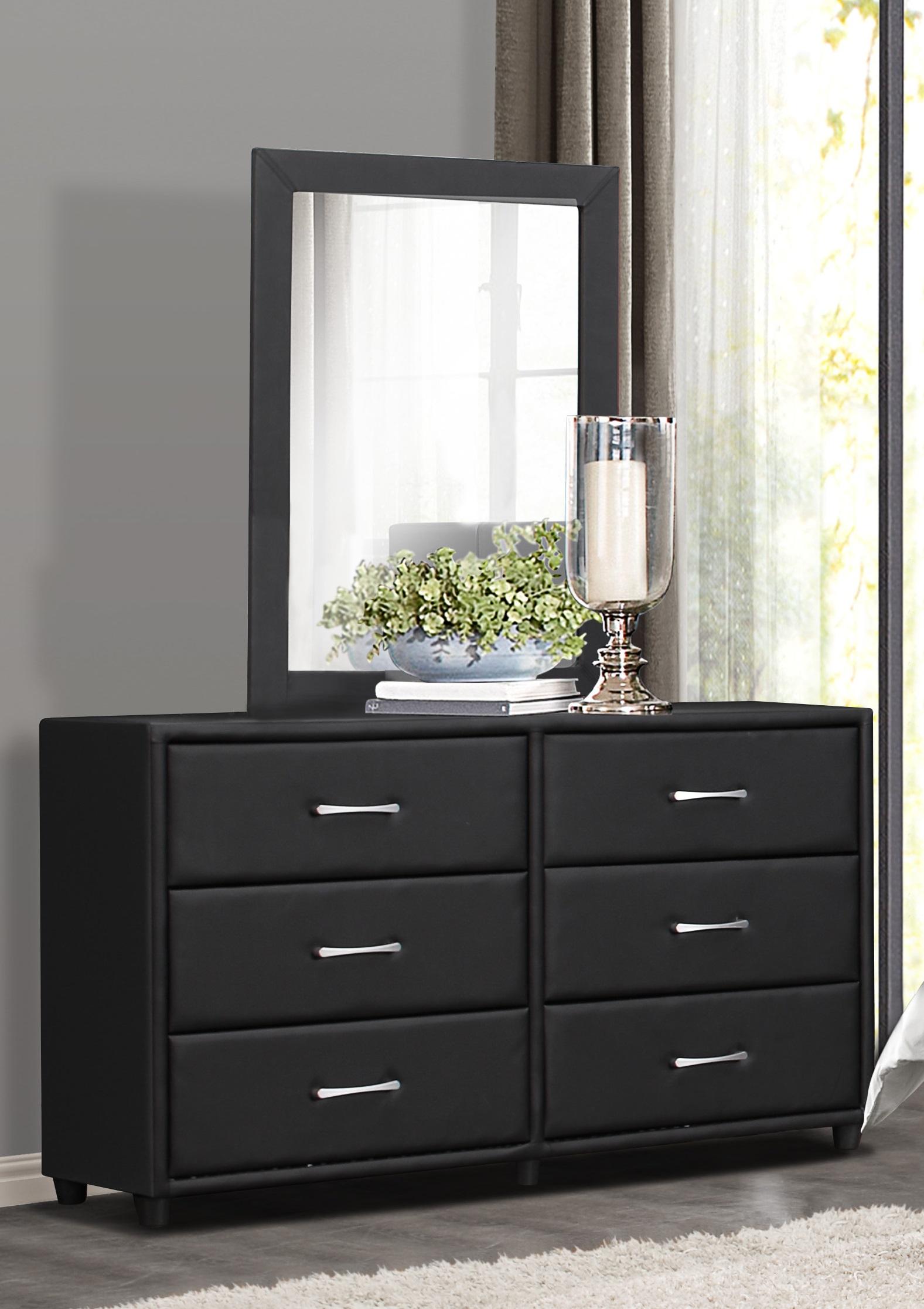 Contemporary Dresser w/Mirror 2220-5*6-2PC Lorenzi 2220-5*6-2PC in Black Faux Leather