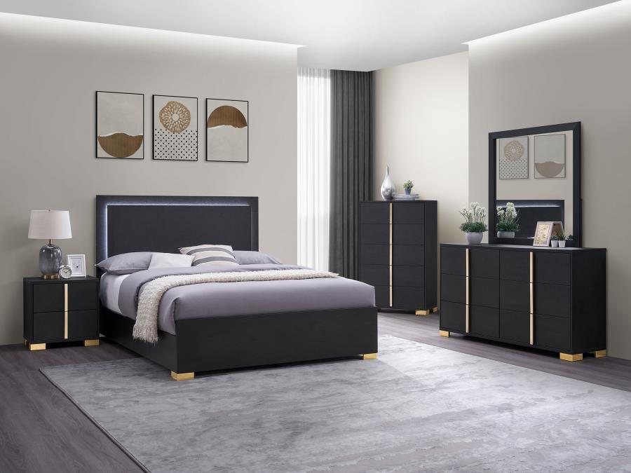 

    
Contemporary Black Wood Full Panel Bedroom Set 6PCS Coaster Marceline 222831F
