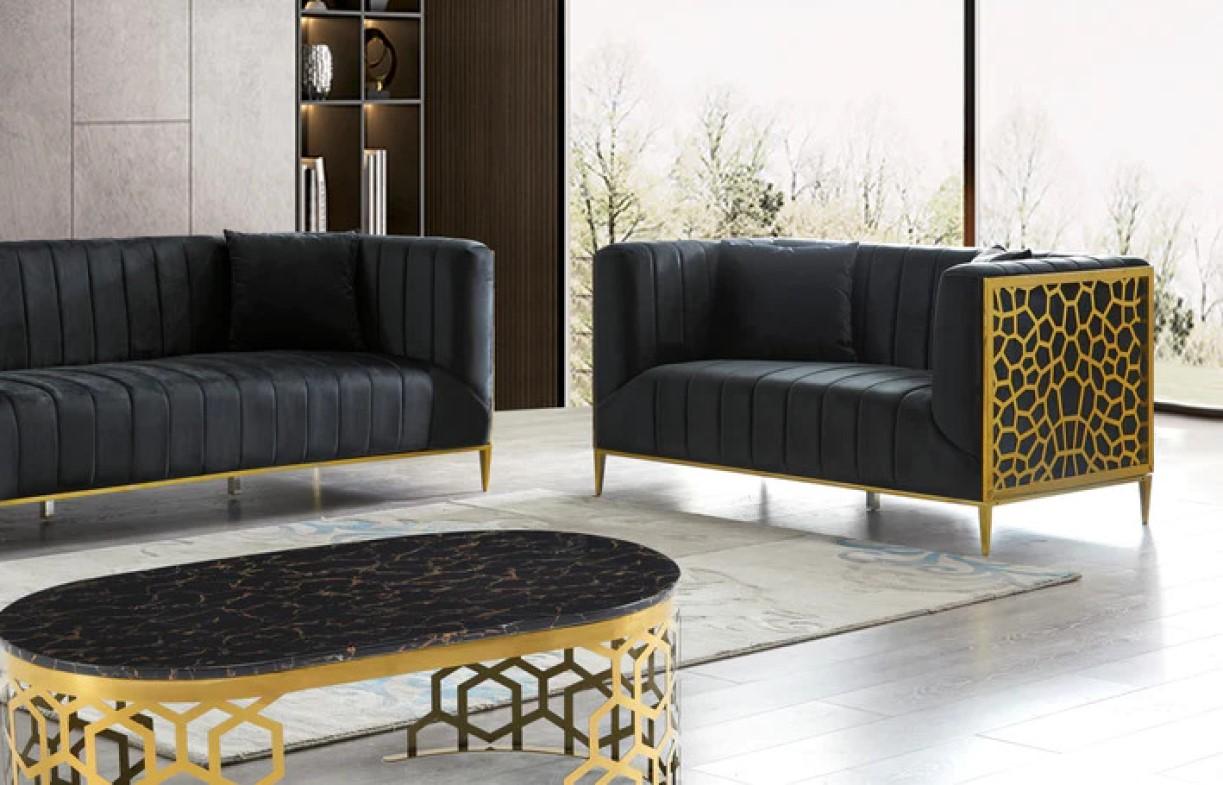 Contemporary Living Room Set SF1018 SF1018-S-2PC in Gold, Black Fabric
