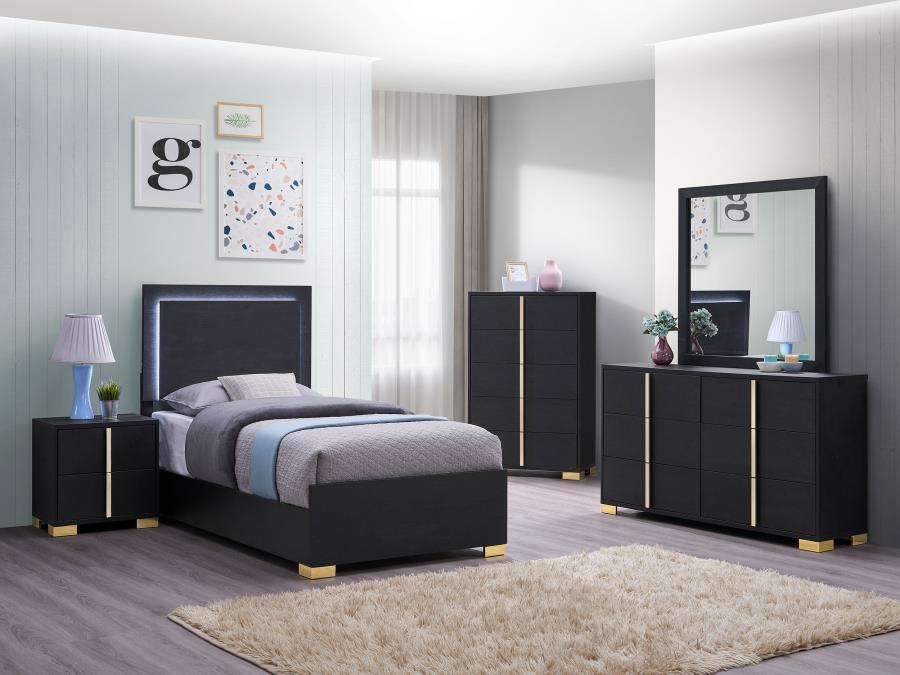 

    
Contemporary Black Wood Twin Panel Bedroom Set 5PCS Coaster Marceline 222831T
