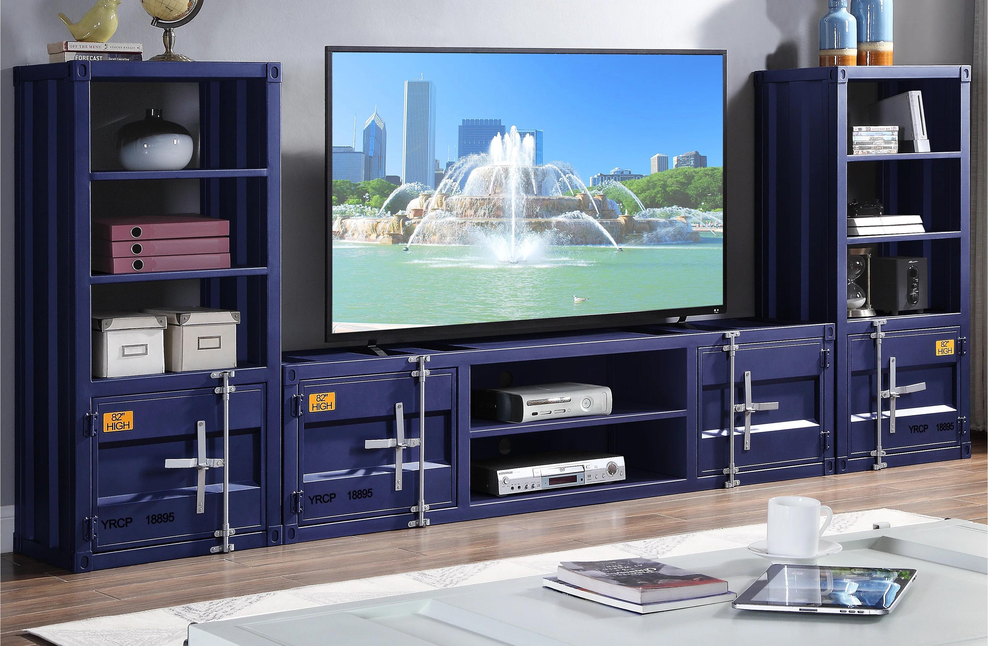 

    
Contemporary Blue TV Stand + 2 Side Pier by Acme Cargo 91890-3pcs
