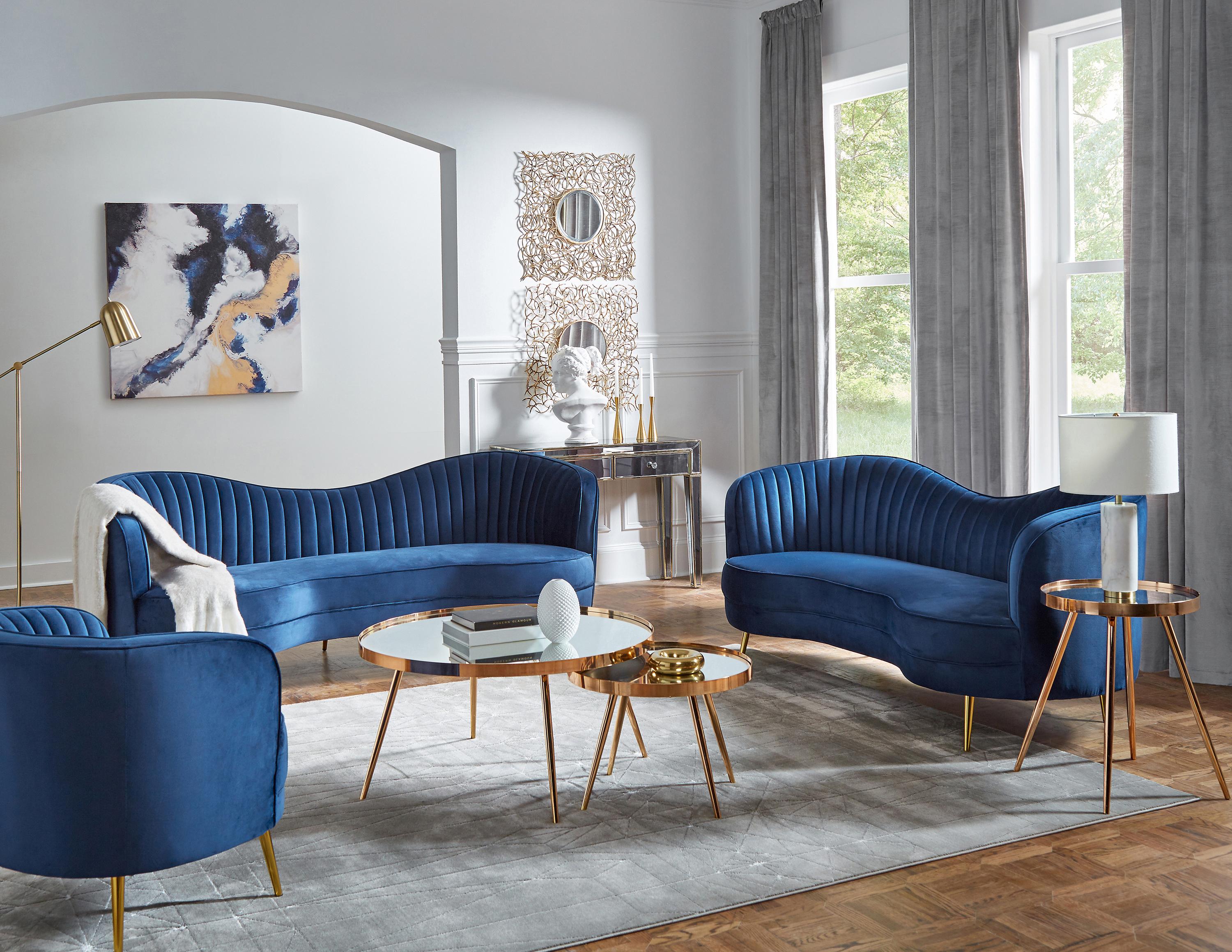 

    
Contemporary Blue Velvet Living Room Set 3pcs Coaster 506861-S3 Sophia
