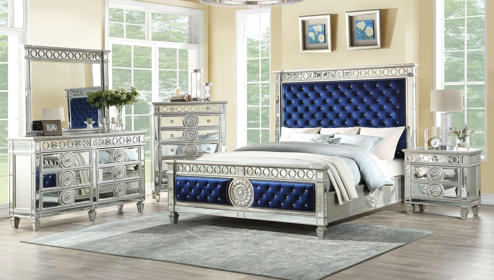 

    
Contemporary Blue Velvet & Mirrored Queen Bedroom Set by Acme Varian 26150Q-5pcs
