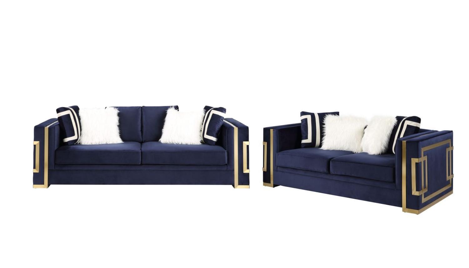 Contemporary Sofa and Loveseat Set Virrux LV00293-2pcs in Blue Velvet