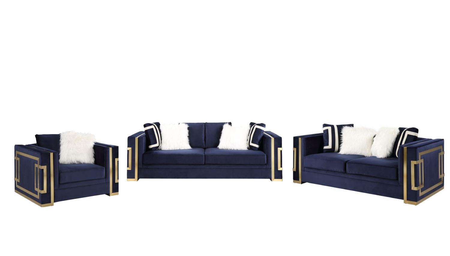 Contemporary Sofa Loveseat and Chair Set Virrux LV00293-3pcs in Blue Velvet