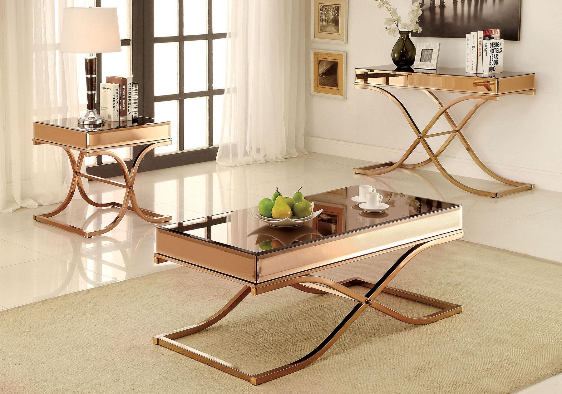 

    
Contemporary Brass Metal Coffee Table Set 3pcs Furniture of America Sundance
