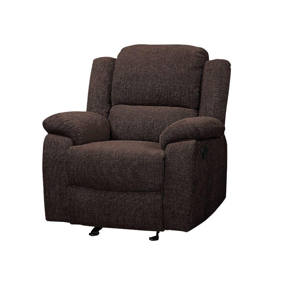 

    
Contemporary Brown Chenille Glider Recliner w/Console by Acme Madden 55447
