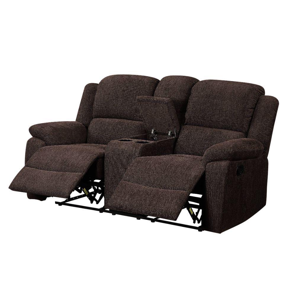 

    
Contemporary Brown Chenille Motion Loveseat w/Console by Acme Madden 55446
