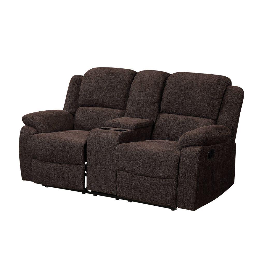 

    
Contemporary Brown Chenille Motion Loveseat w/Console by Acme Madden 55446
