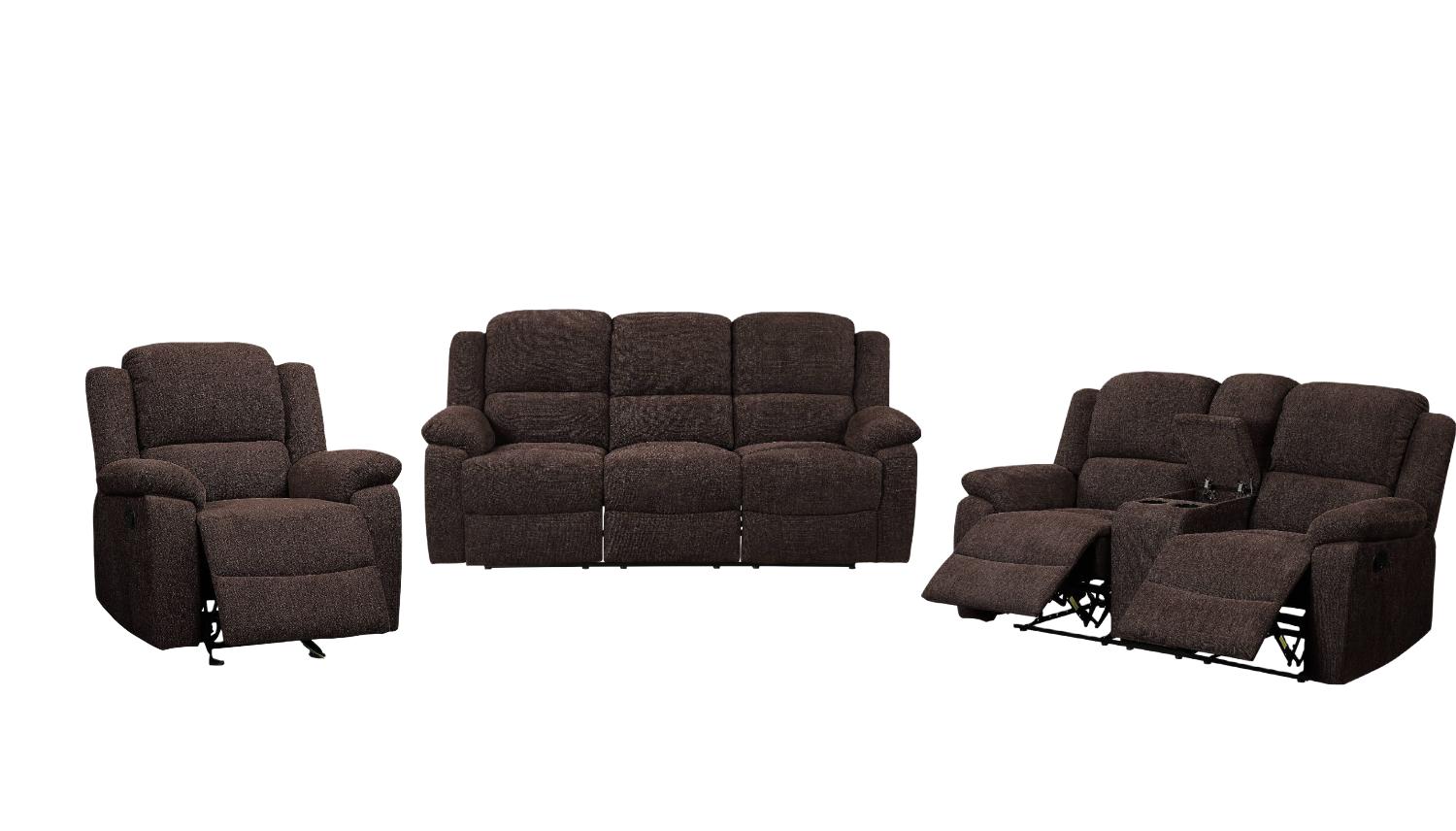 

    
Contemporary Brown Chenille Sofa + Loveseat + Recliner w/Console by Acme Madden 55445-3pcs
