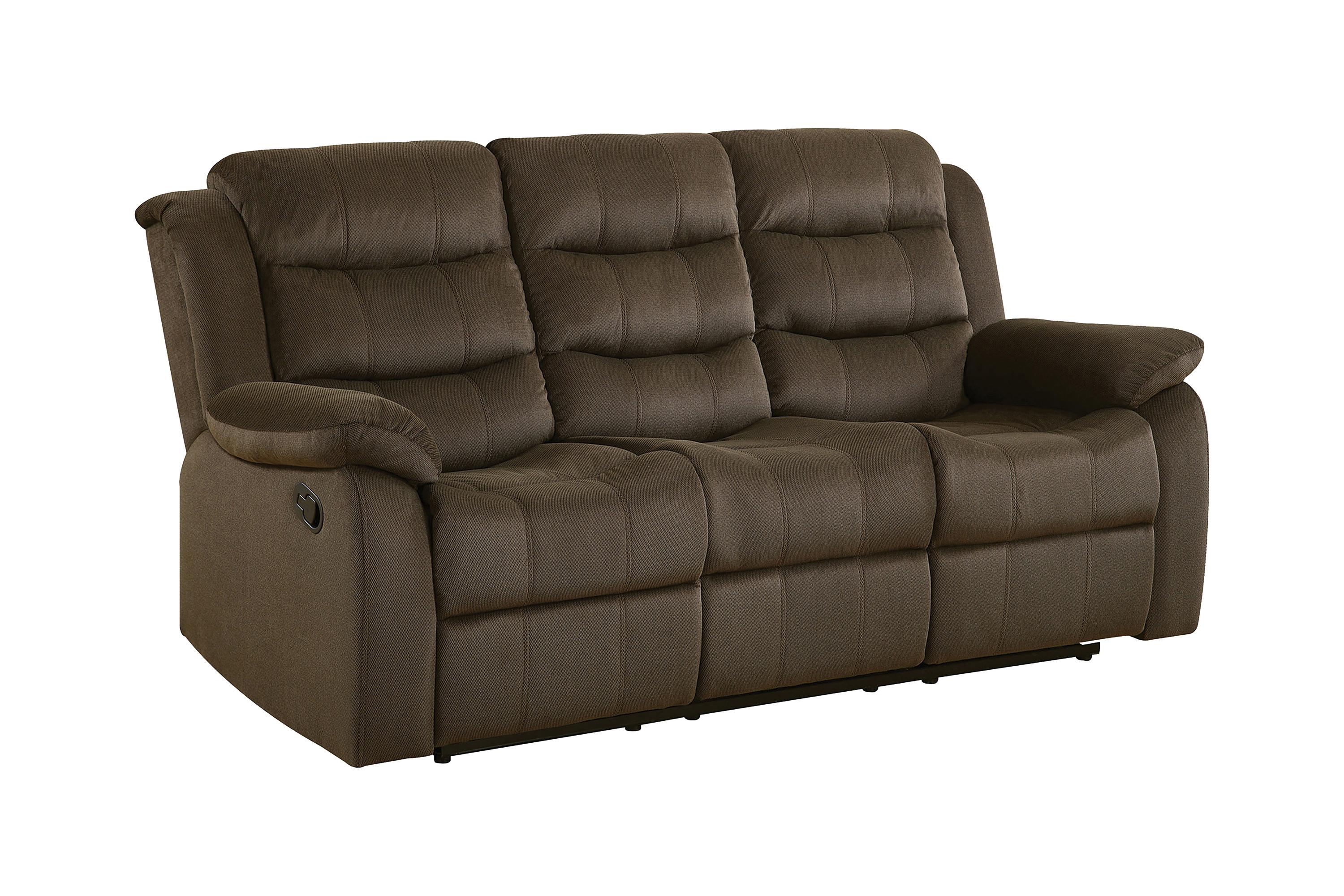 

    
Transitional Olive Brown Microvelvet Motion Sofa Coaster 601881 Rodman
