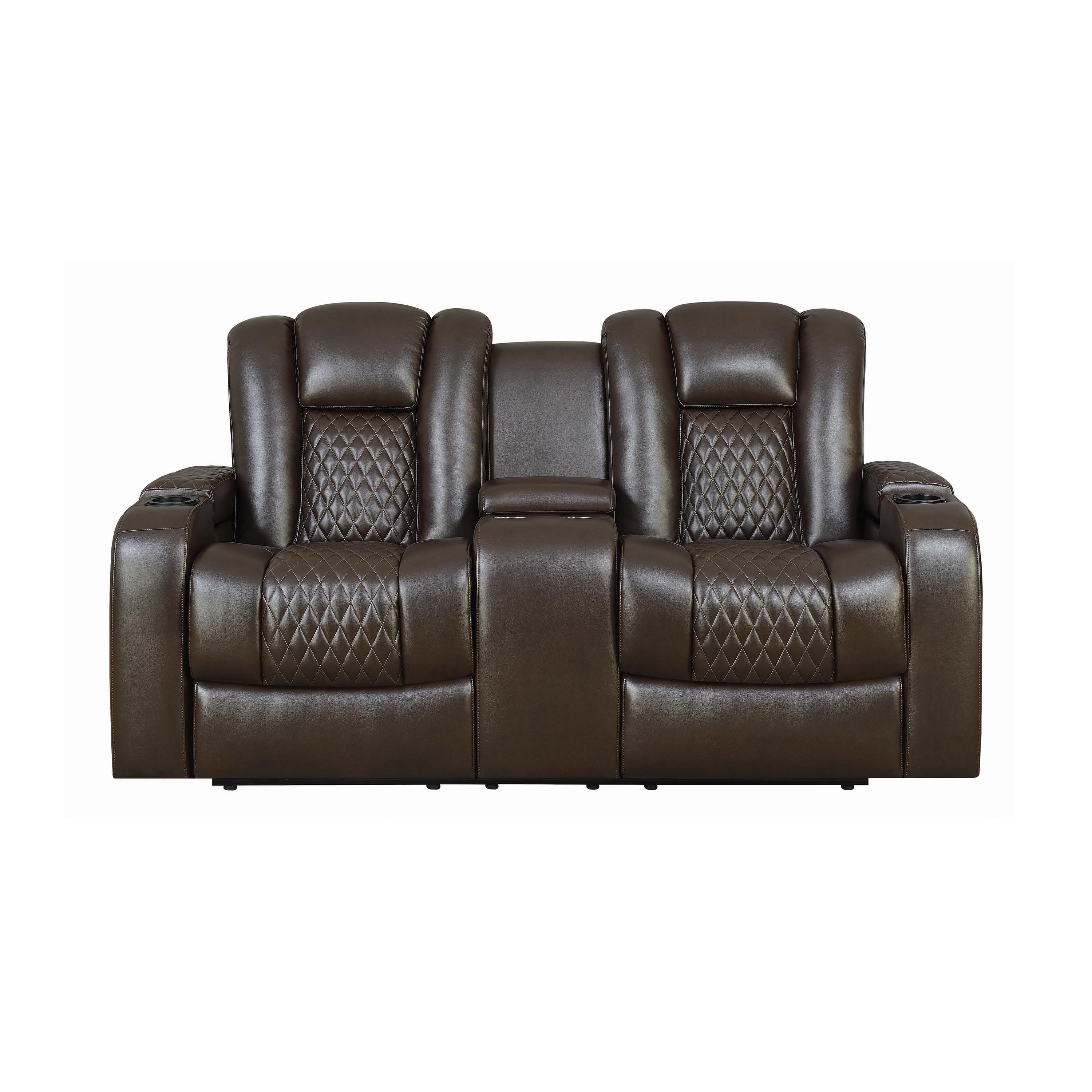 

    
Contemporary Brown Faux Leather Power Reclining Loveseat Coaster 602305P Delangelo
