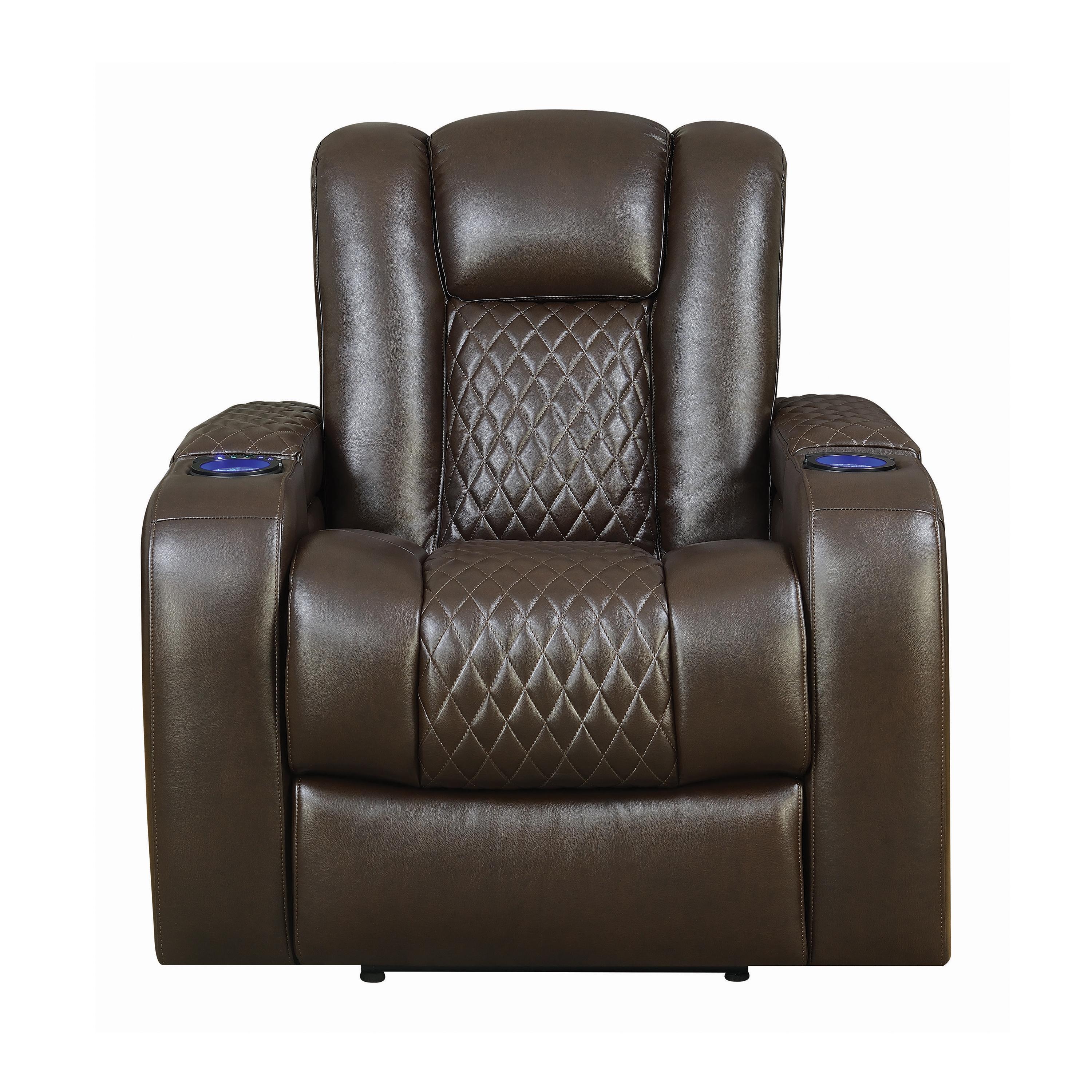 

    
Contemporary Brown Faux Leather Power Recliner Coaster 602306P Delangelo

