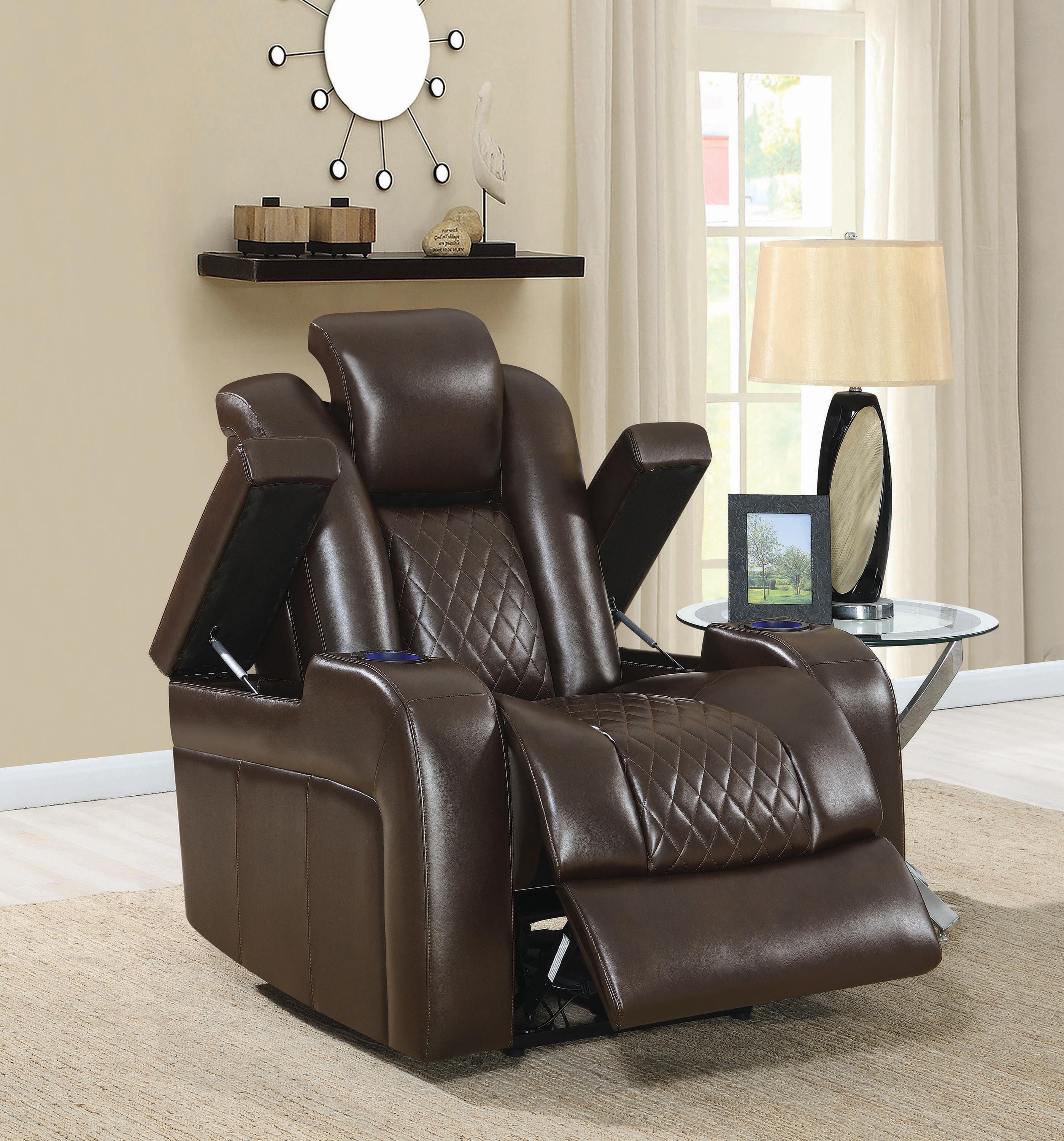 

    
 Order  Contemporary Brown Faux Leather Power Recliner Coaster 602306P Delangelo

