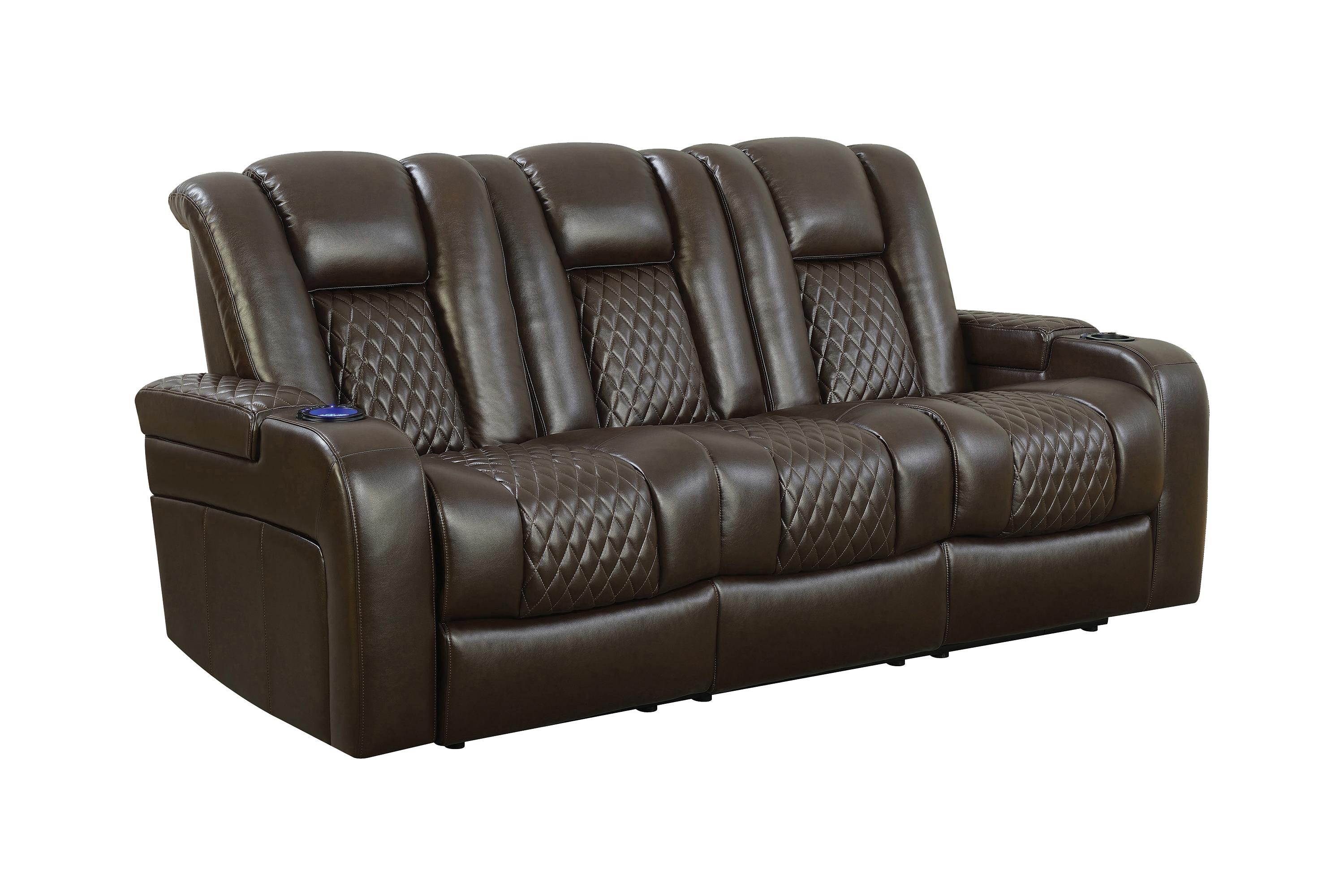 

    
Contemporary Brown Faux Leather Power Reclining Sofa Coaster 602304P Delangelo
