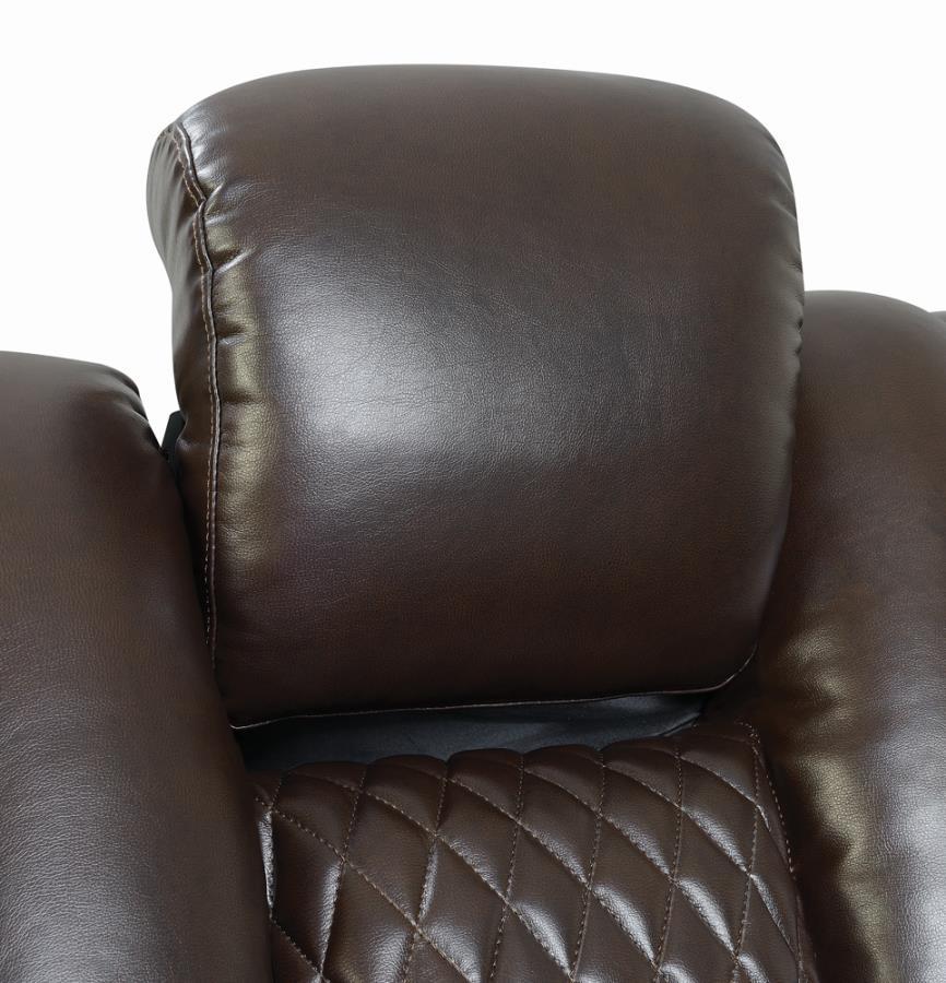 

    
Contemporary Brown Faux Leather Power Reclining Sofa Coaster 602304P Delangelo
