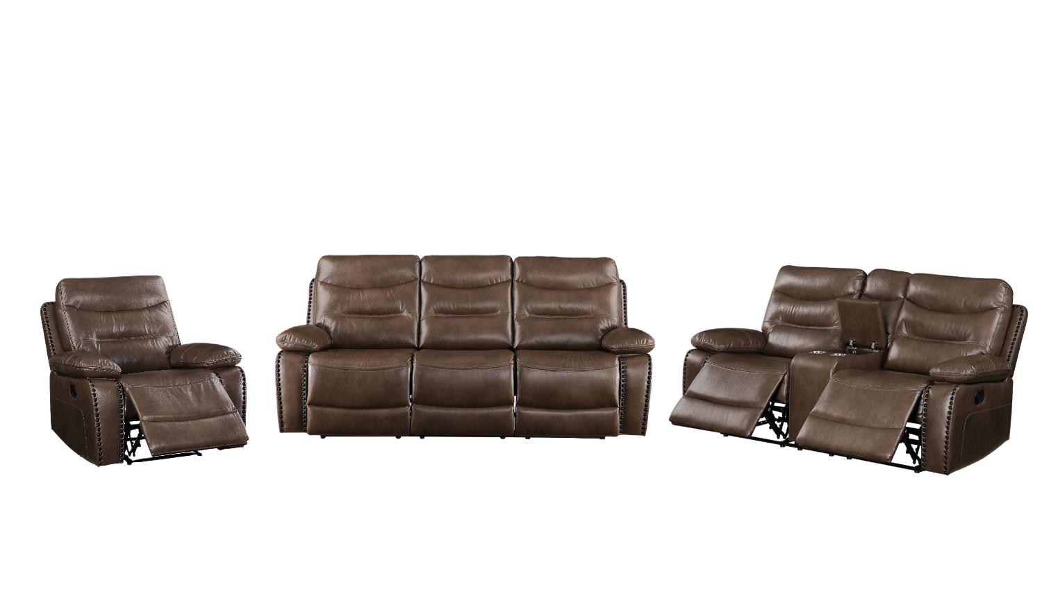 

    
Contemporary Brown Leather Motion Sofa + Loveseat + Power Recliner w/ Console by Acme Aashi 55420-3pcs

