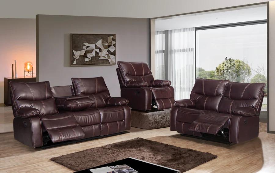 

    
Contemporary Brown Leather Reclining Living Room Set 3Pcs McFerran Motion SF1011
