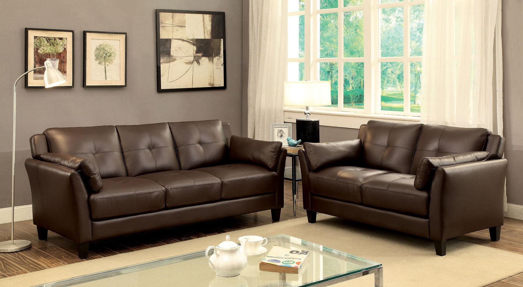 

    
Contemporary Brown Leatherette Living Room Set 3pcs Furniture of America Pierre
