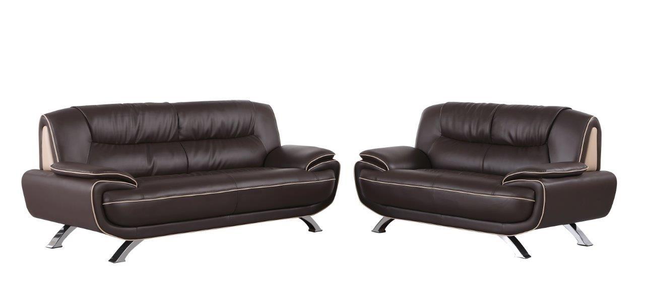 Contemporary Sofa and Loveseat Set 405 405-BROWN-2PC in Brown Leather gel match