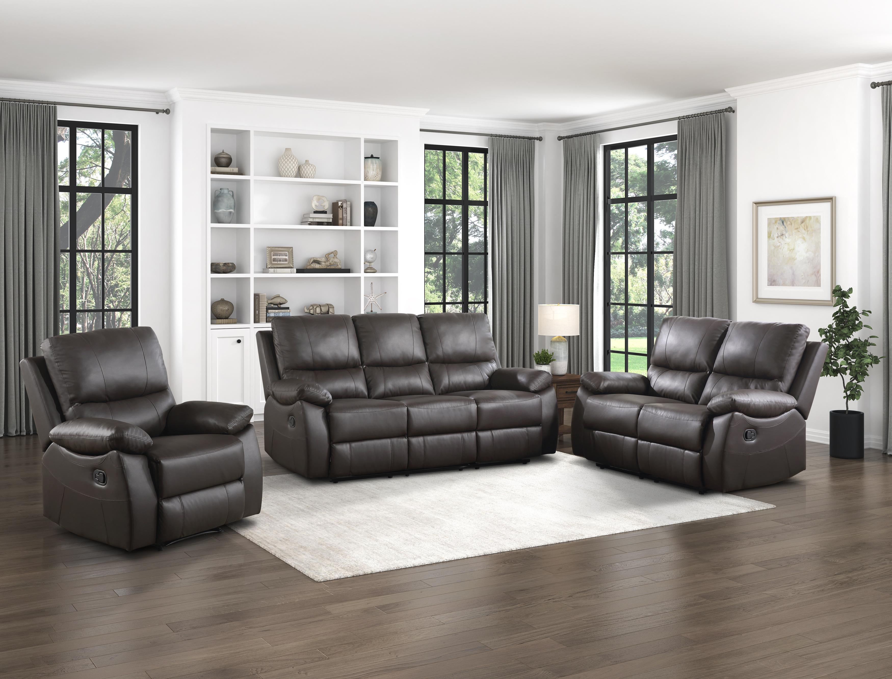 

    
Contemporary Brown Solid Wood Reclining Living Room Set 2PCS Homelegance Dawson 9368BRW-3-S-2PCS
