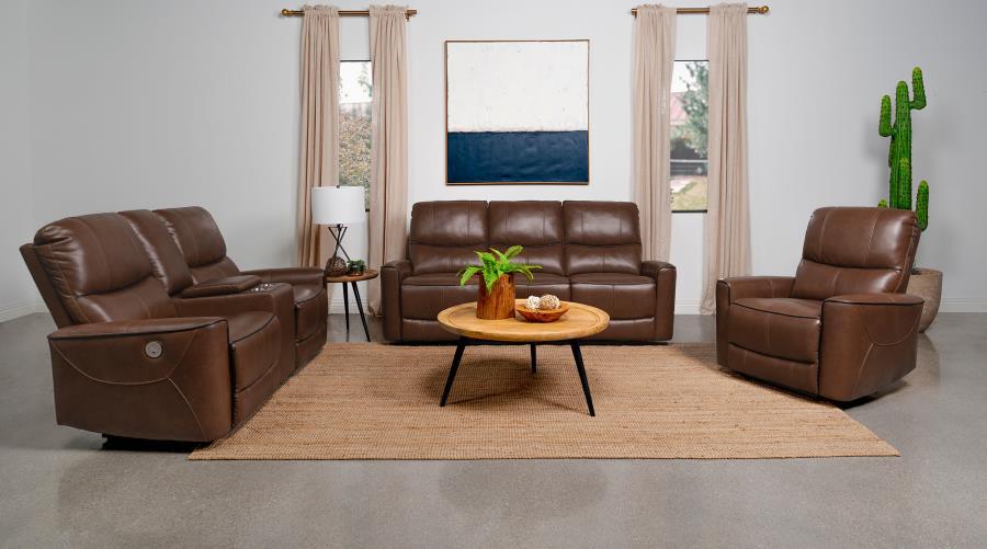 

    
Contemporary Brown Wood Power Reclining Living Room Set 3PCS Coaster Greenfield 610264P
