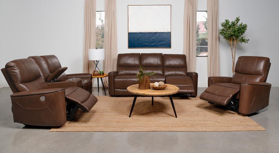 

    
Contemporary Brown Wood Power Reclining Living Room Set 3PCS Coaster Greenfield 610264P
